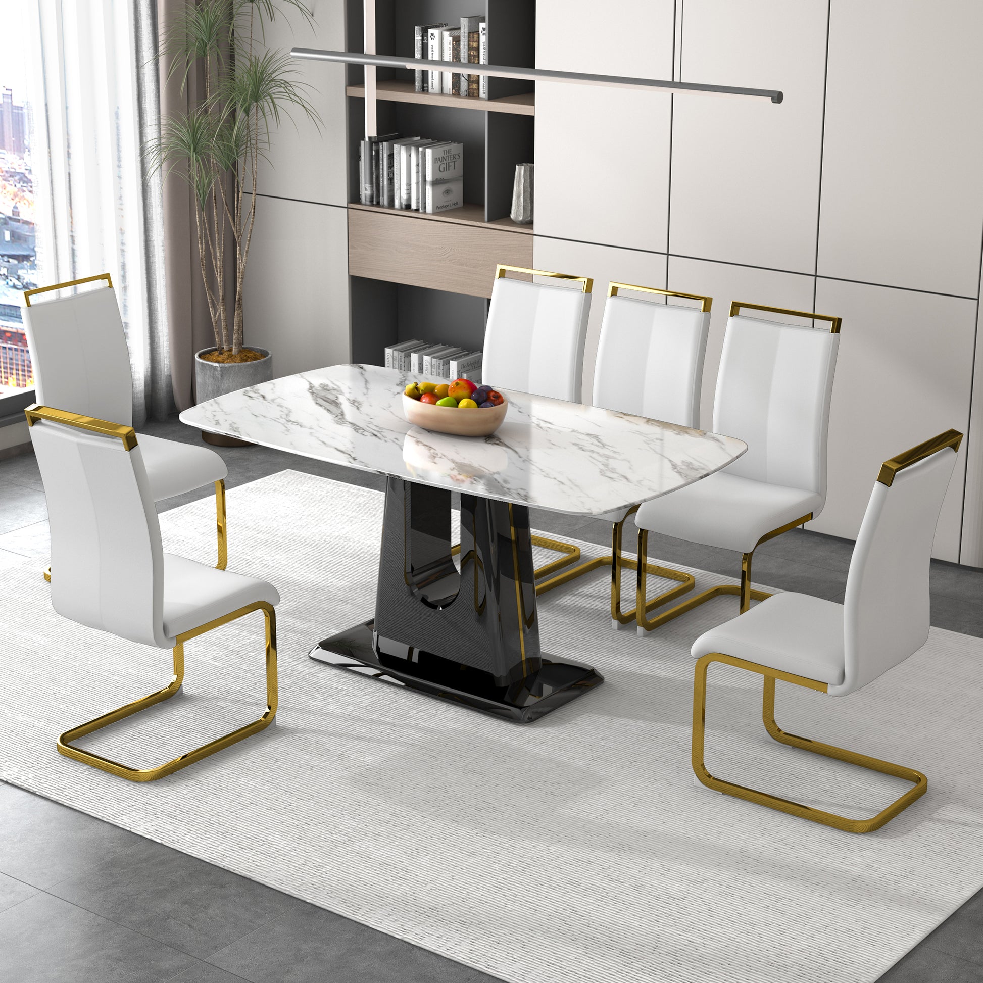 A Modern, Minimalist, And Luxurious Dining Table With A White Imitation Marble Tabletop And Mdf Legs With U Shaped Brackets. Tables In Restaurants And Living Rooms 63"*35.4"*30 F U White Mdf Glass