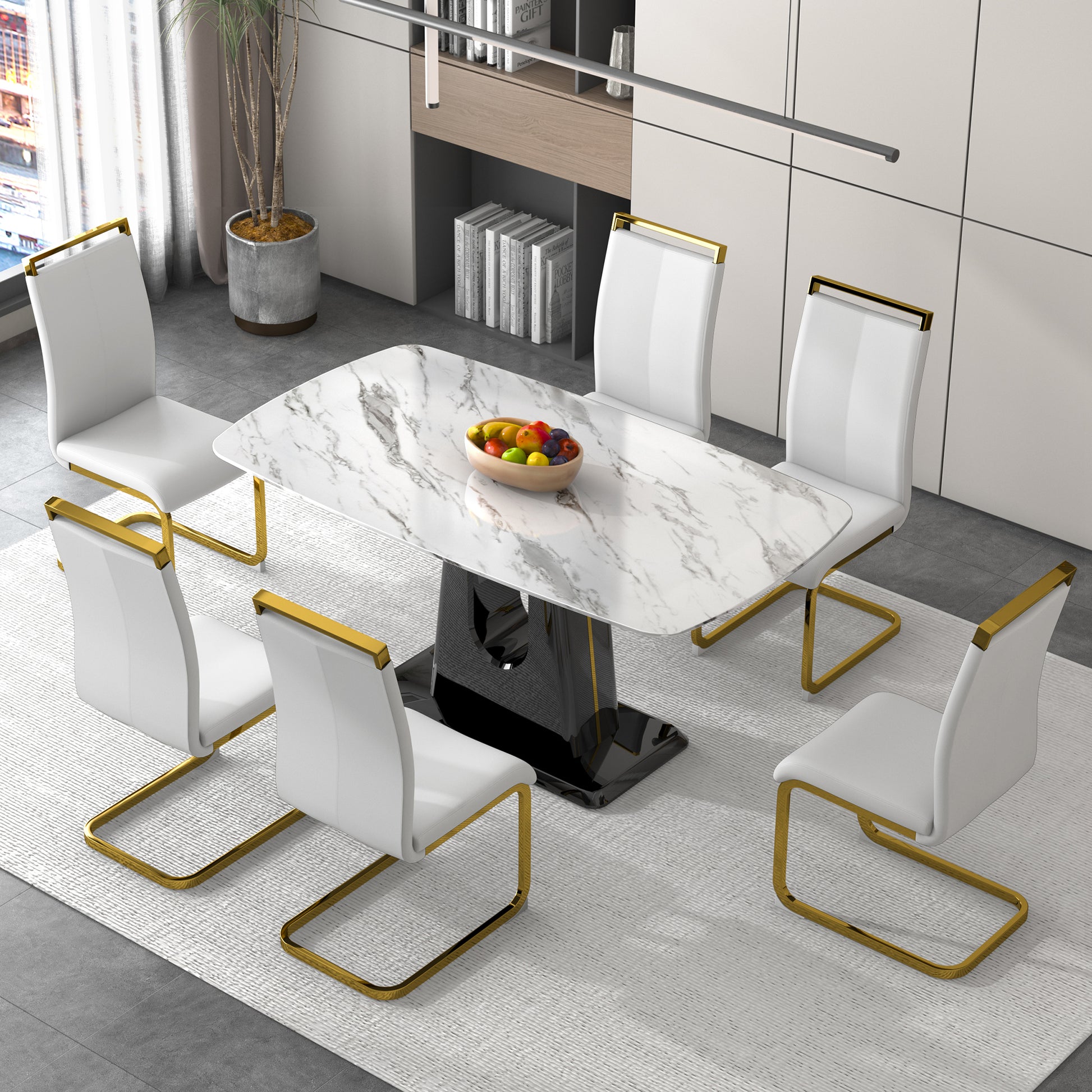 1 Table And 6 Chairs. Modern, Simple And Luxurious White Imitation Marble Rectangular Dining Table And Desk With 6 White Pu Gold Plated Leg Chairs 63'' X 35.4'' X 30'' White Black Mdf