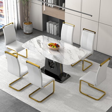 1 Table And 6 Chairs. Modern, Simple And Luxurious White Imitation Marble Rectangular Dining Table And Desk With 6 White Pu Gold Plated Leg Chairs 63'' X 35.4'' X 30'' White Black Mdf