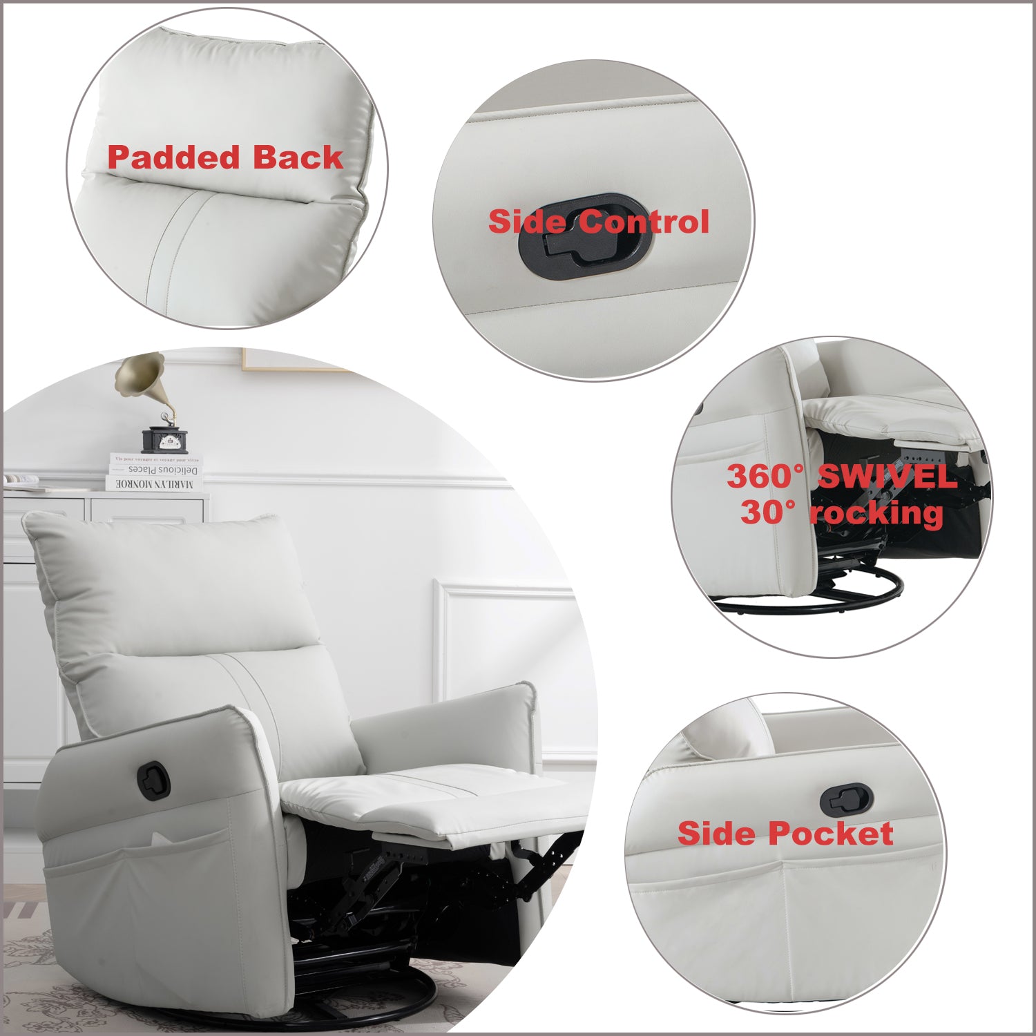 Rocking Recliner Chair,360 Degree Swivel Nursery Rocking Chair,Glider Chair,Modern Small Rocking Swivel Recliner Chair For Bedroom,Living Room Chair Home Theater Seat,Side Pocket Light Gray Solid Light Brown Primary Living Space Push Button Rubberwood