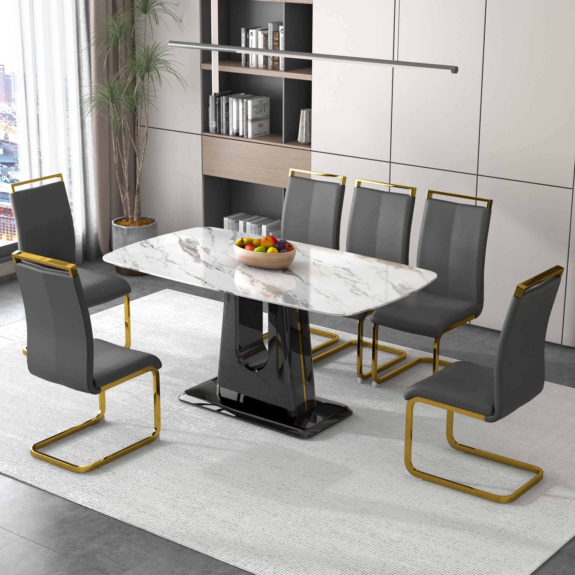 A Modern, Minimalist, And Luxurious Dining Table With A White Imitation Marble Tabletop And Mdf Legs With U Shaped Brackets. Tables In Restaurants And Living Rooms 63"*35.4"*30 F U White Mdf Glass