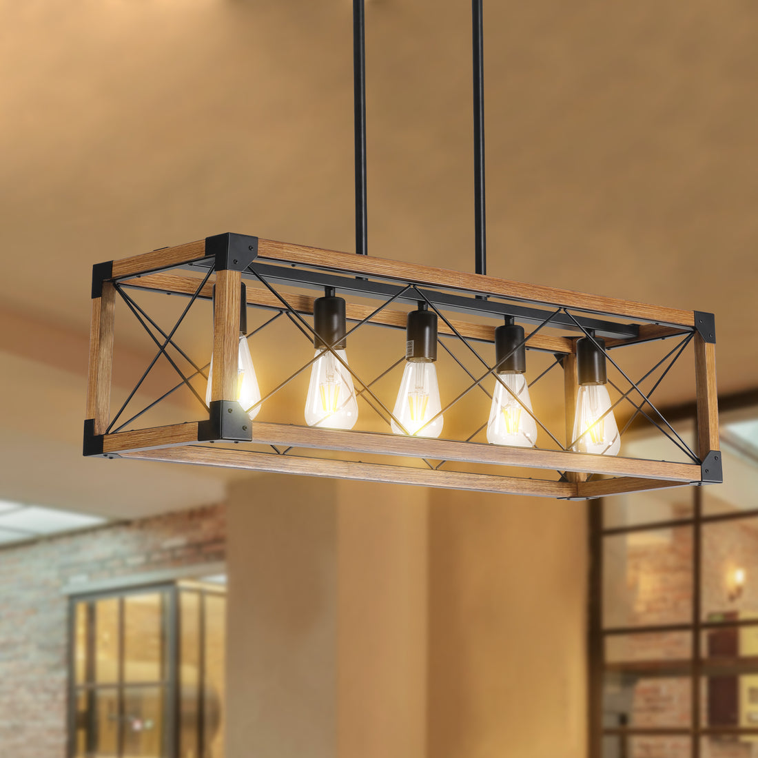 5 Light Retro Farmhouse Chandelier For Kitchen, Living Room, Dining Room Walnut No Bulbs Sku:W1340P206643 Walnut Black Ceiling Lights Farmhouse Iron