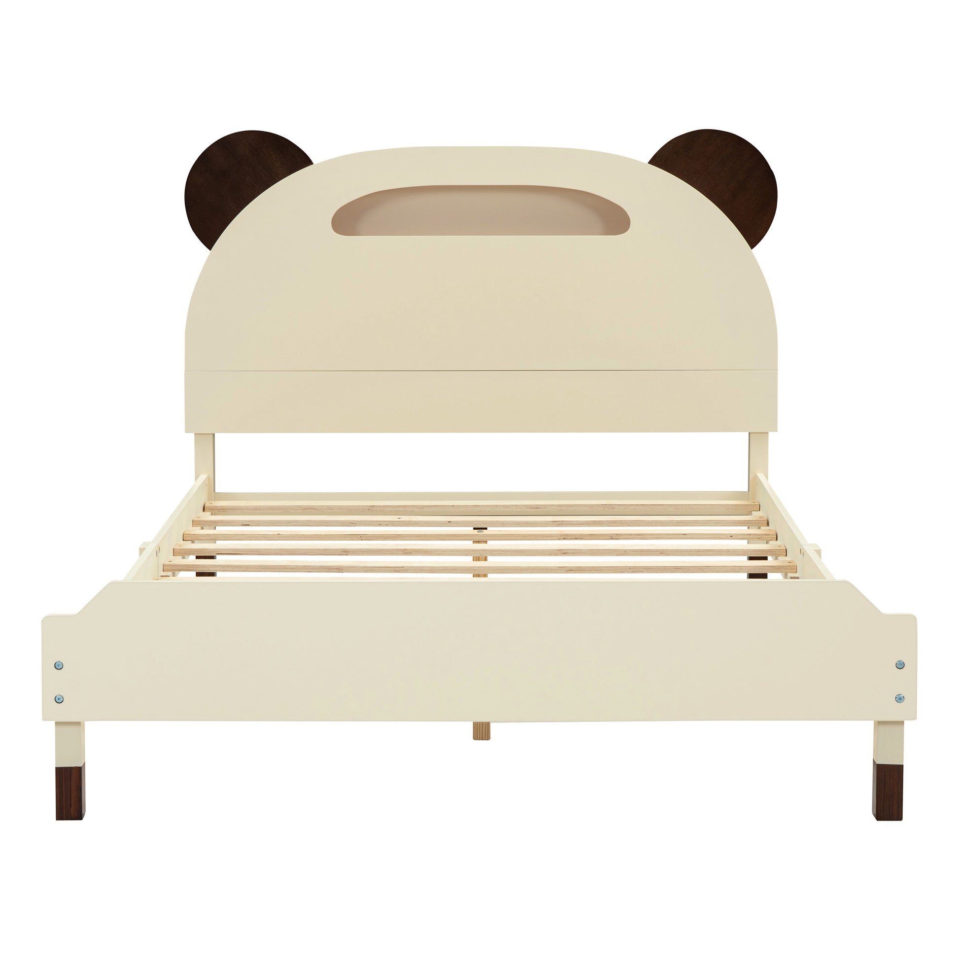 Full Size Wood Platform Bed With Bear Shaped Headboard,Bed With Motion Activated Night Lights,Cream Walnut Cream Wood