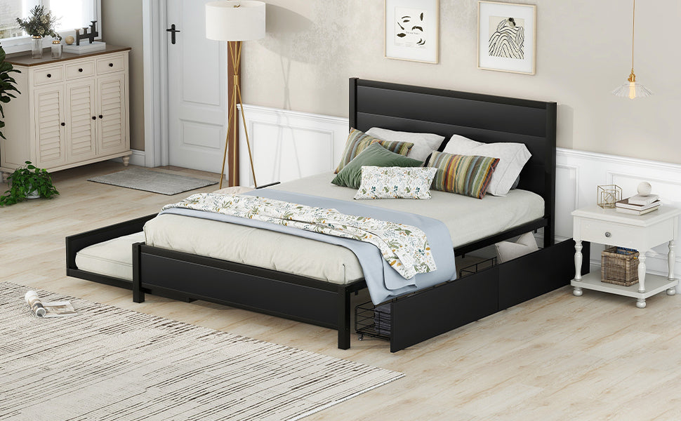 Metal Queen Size Storage Platform Bed With Twin Size Trundle And 2 Drawers, Black Queen Black Metal Bedroom Bed Frame Mdf Steel