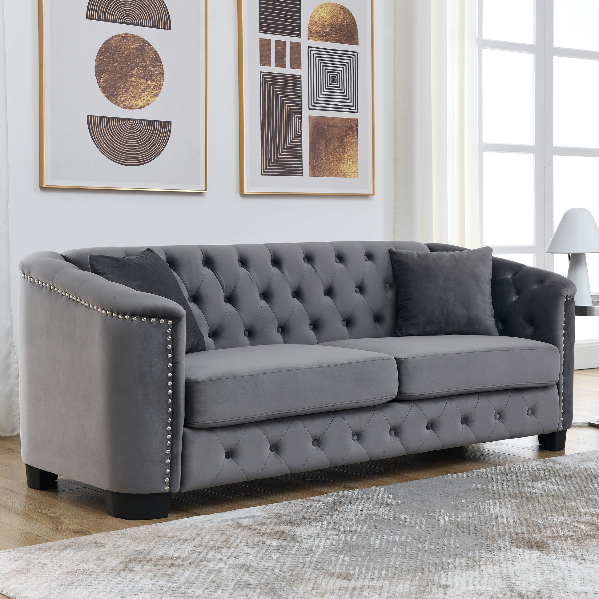 3 Seater 3 Seater Combination Sofa.Velvet Grey Grey Foam Velvet 6 Seat