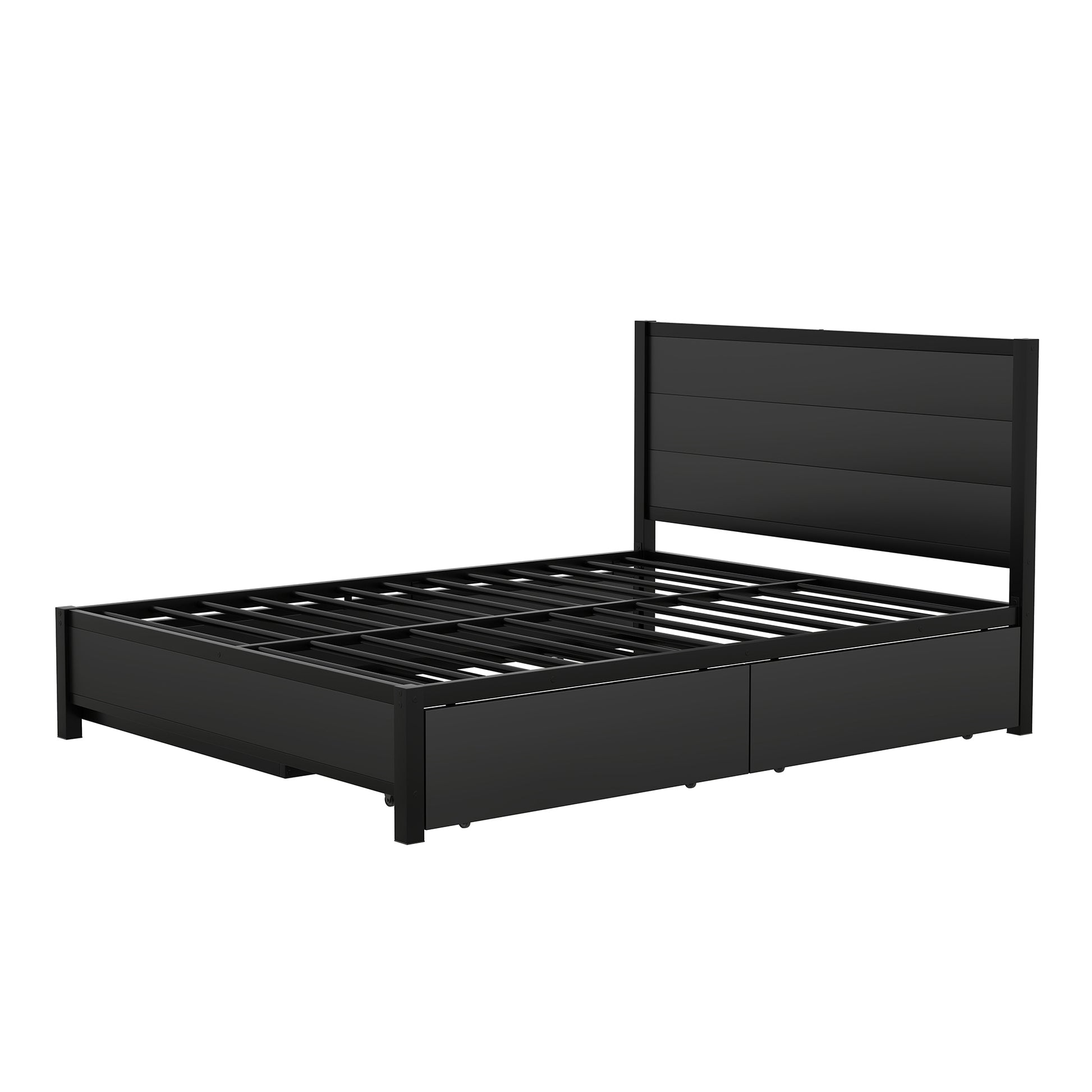 Metal Queen Size Storage Platform Bed With Twin Size Trundle And 2 Drawers, Black Queen Black Metal Bedroom Bed Frame Mdf Steel