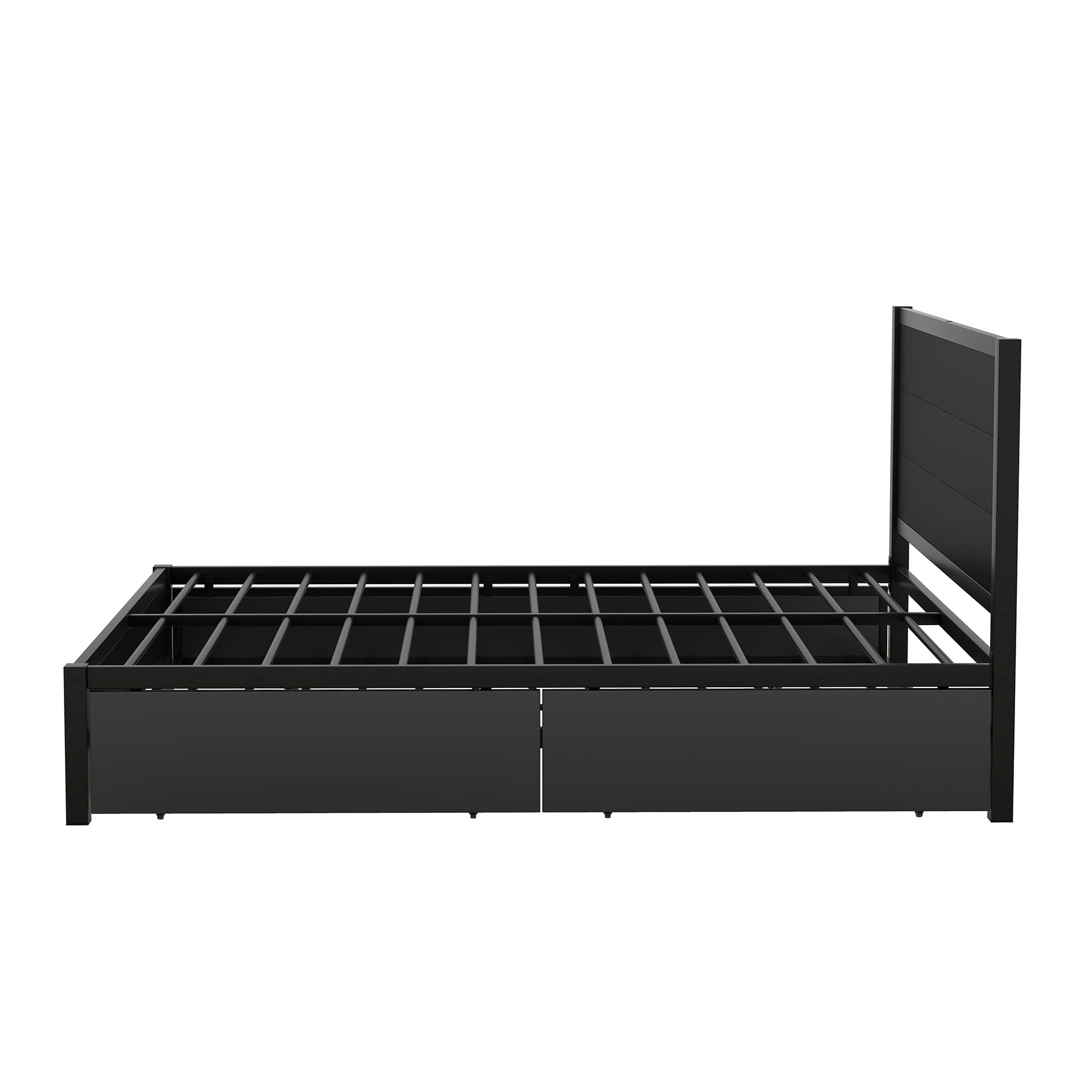 Metal Queen Size Storage Platform Bed With Twin Size Trundle And 2 Drawers, Black Queen Black Metal Bedroom Bed Frame Mdf Steel