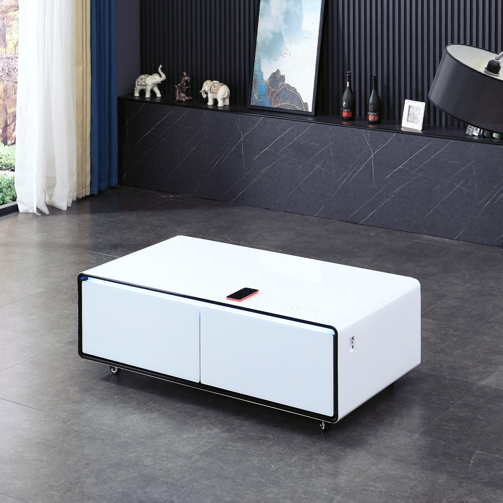 Smart Table Fridge, Multifunctional Coffee Table, Tempered Glass Table Top And Back Storage White Tempered Glass