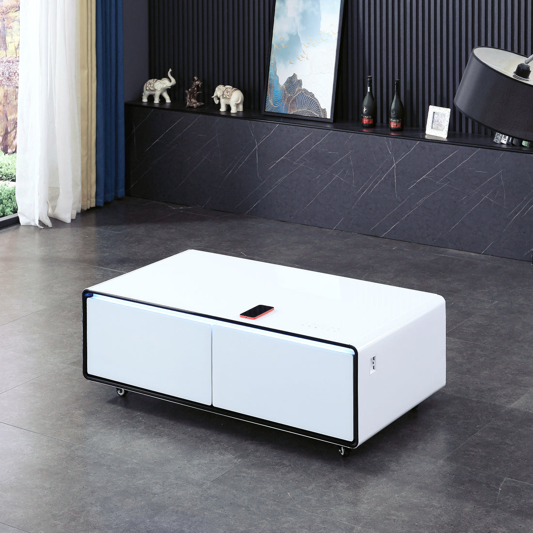 Smart Table Fridge, Multifunctional Coffee Table, Tempered Glass Table Top And Back Storage White Tempered Glass