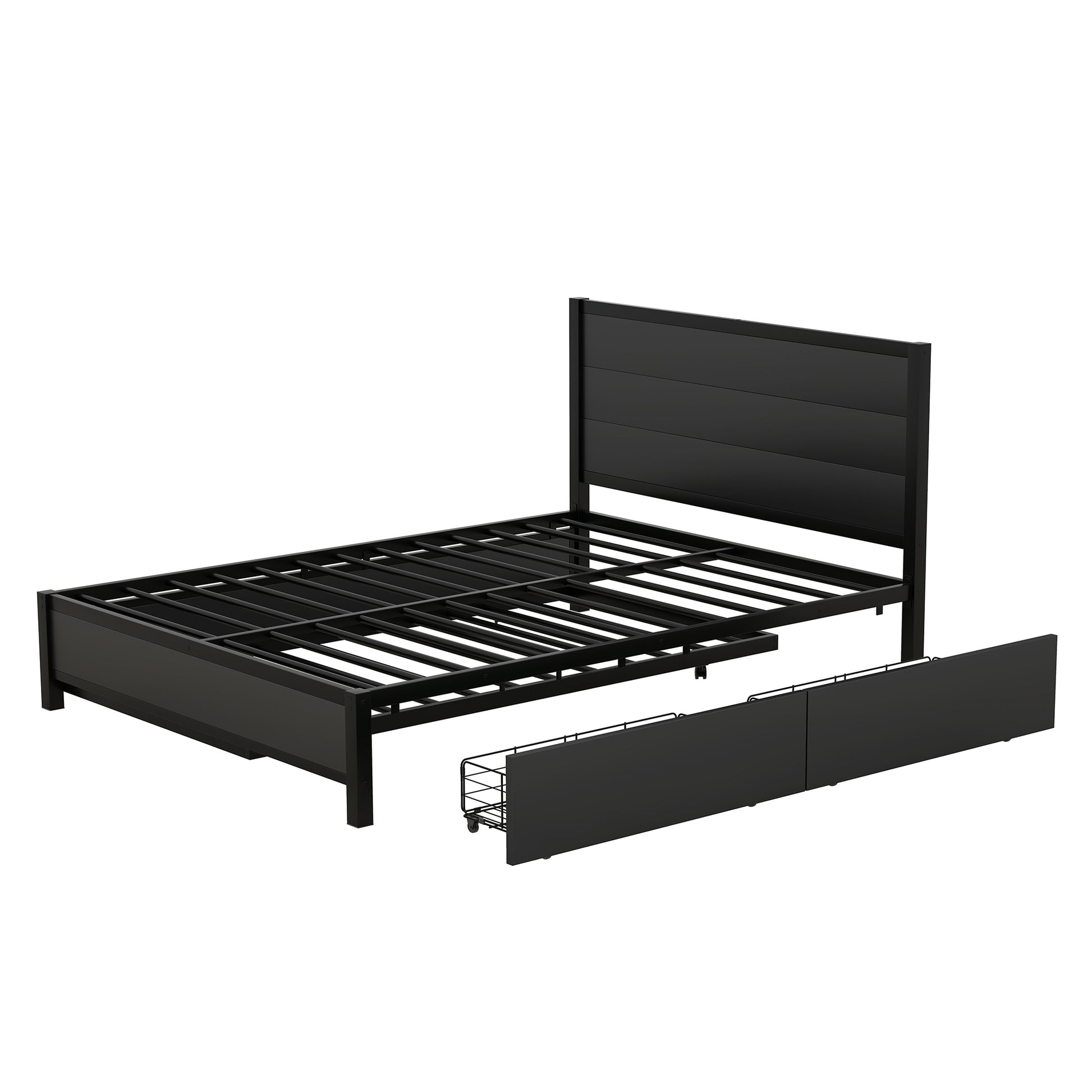 Metal Queen Size Storage Platform Bed With Twin Size Trundle And 2 Drawers, Black Queen Black Metal Bedroom Bed Frame Mdf Steel