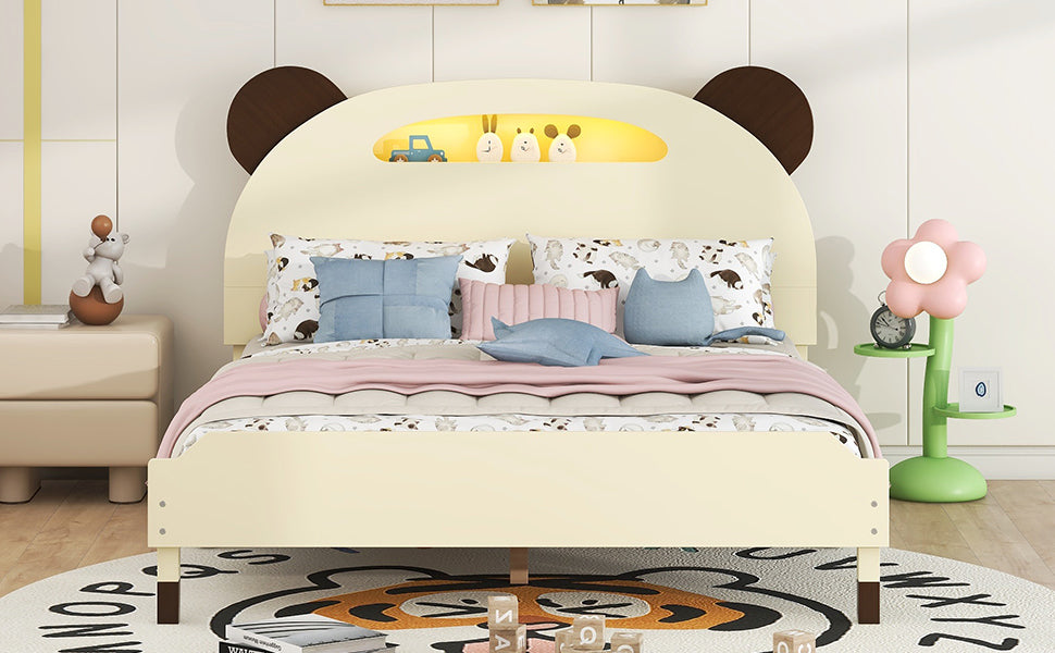 Full Size Wood Platform Bed With Bear Shaped Headboard,Bed With Motion Activated Night Lights,Cream Walnut Cream Wood