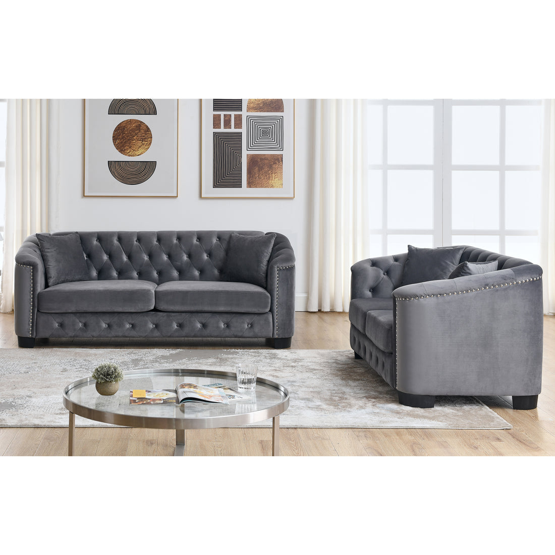 3 Seater 2 Seater Combination Sofa.Velvet Grey Grey Foam Velvet 5 Seat
