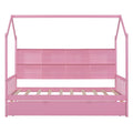 Wooden Twin Size House Bed With Trundle,Kids Bed With Shelf,Pink Pink Wood