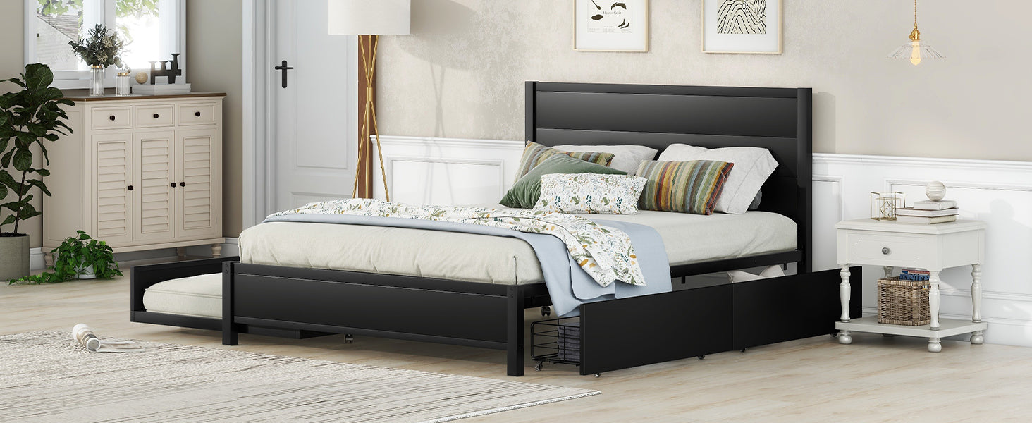 Metal Queen Size Storage Platform Bed With Twin Size Trundle And 2 Drawers, Black Queen Black Metal Bedroom Bed Frame Mdf Steel