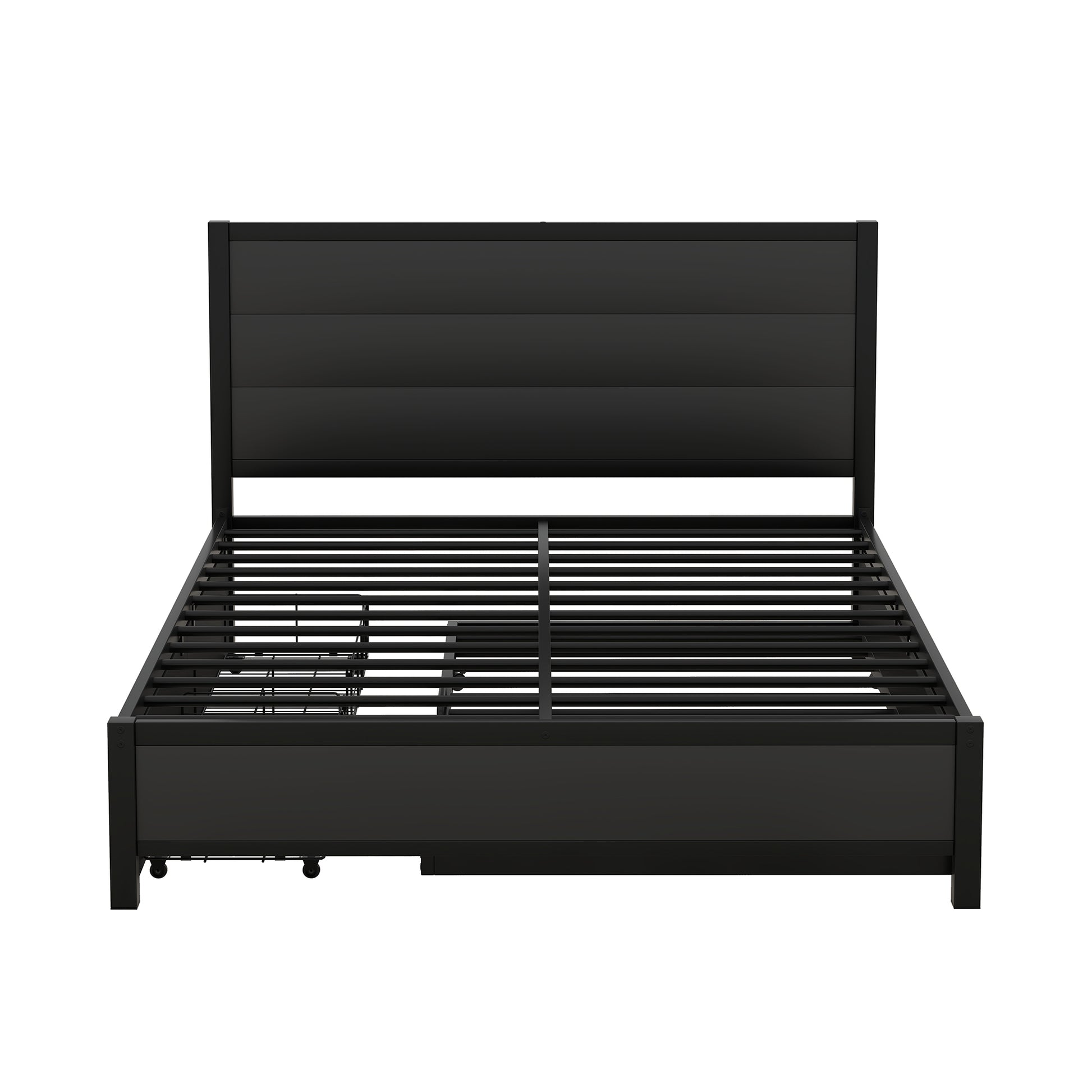 Metal Queen Size Storage Platform Bed With Twin Size Trundle And 2 Drawers, Black Queen Black Metal Bedroom Bed Frame Mdf Steel
