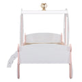 Twin Size Princess Carriage Bed With Crown ,Wood Platform Car Bed With Stair,White Pink White Pink Wood