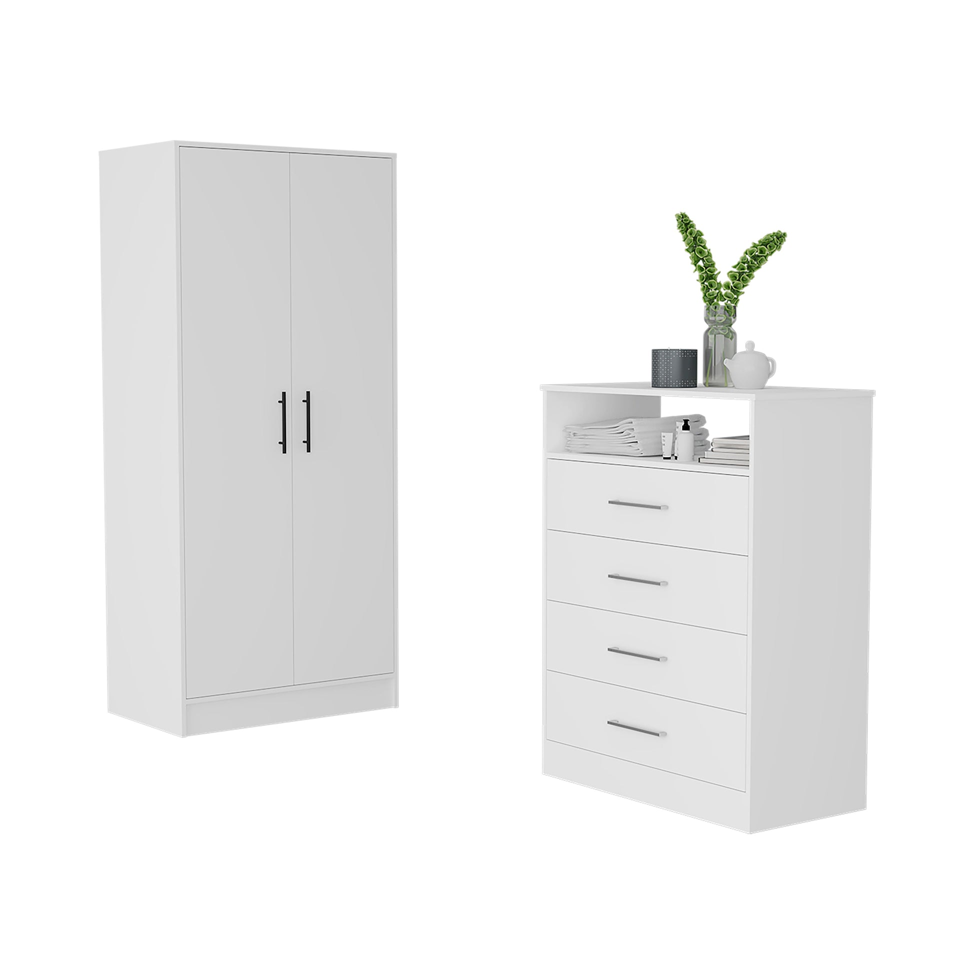 Midval 2 Piece Bedroom Set, Armoire Dresser, White Queen White White 2 Piece Set Bedroom Dresser Included Engineered Wood