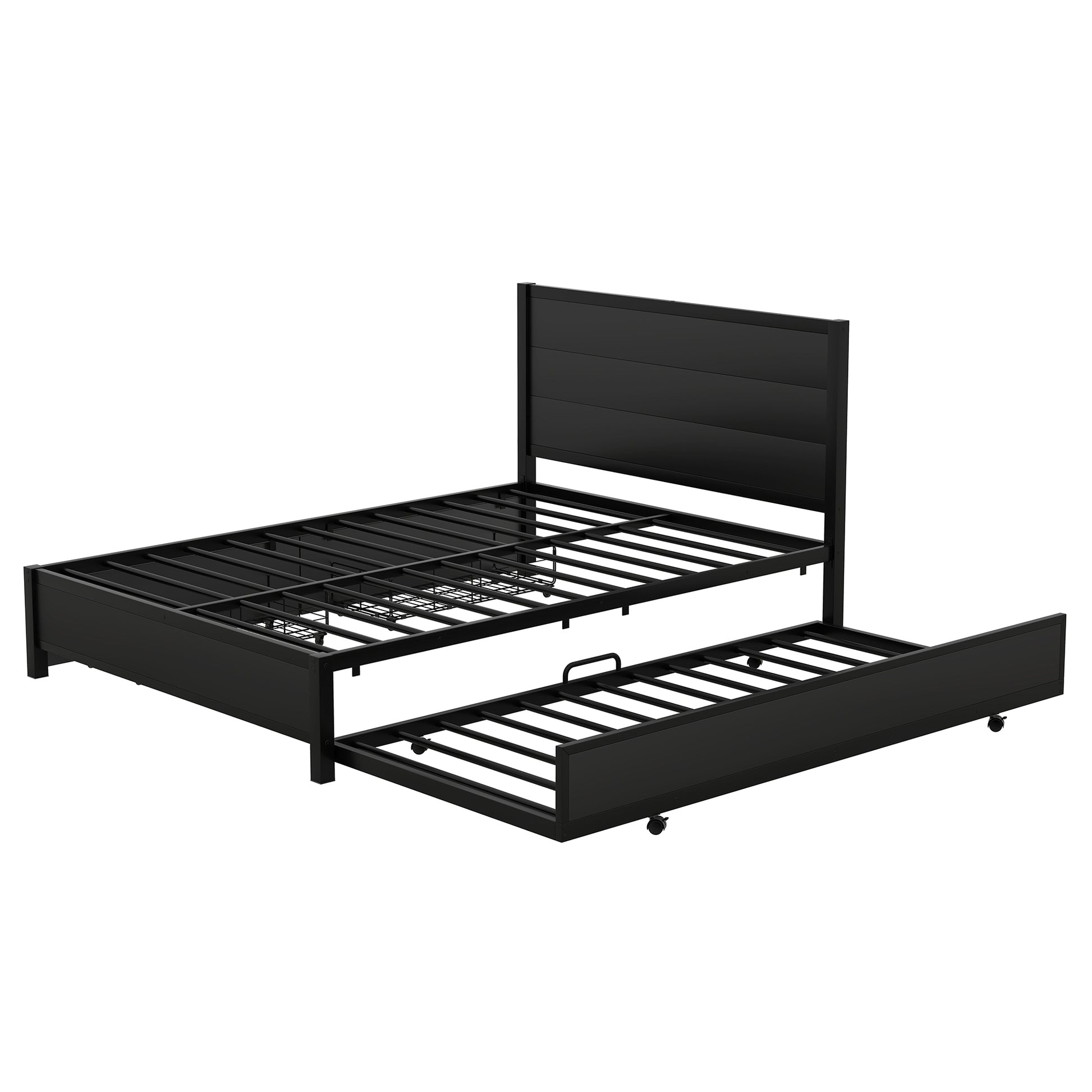 Metal Queen Size Storage Platform Bed With Twin Size Trundle And 2 Drawers, Black Queen Black Metal Bedroom Bed Frame Mdf Steel