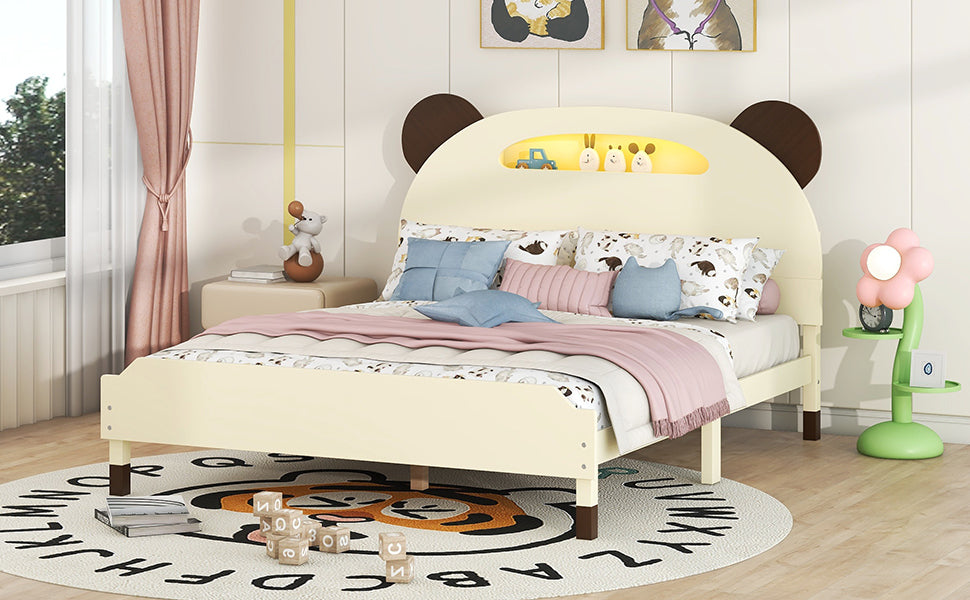Full Size Wood Platform Bed With Bear Shaped Headboard,Bed With Motion Activated Night Lights,Cream Walnut Cream Wood
