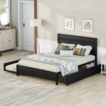 Metal Queen Size Storage Platform Bed With Twin Size Trundle And 2 Drawers, Black Queen Black Metal Bedroom Bed Frame Mdf Steel
