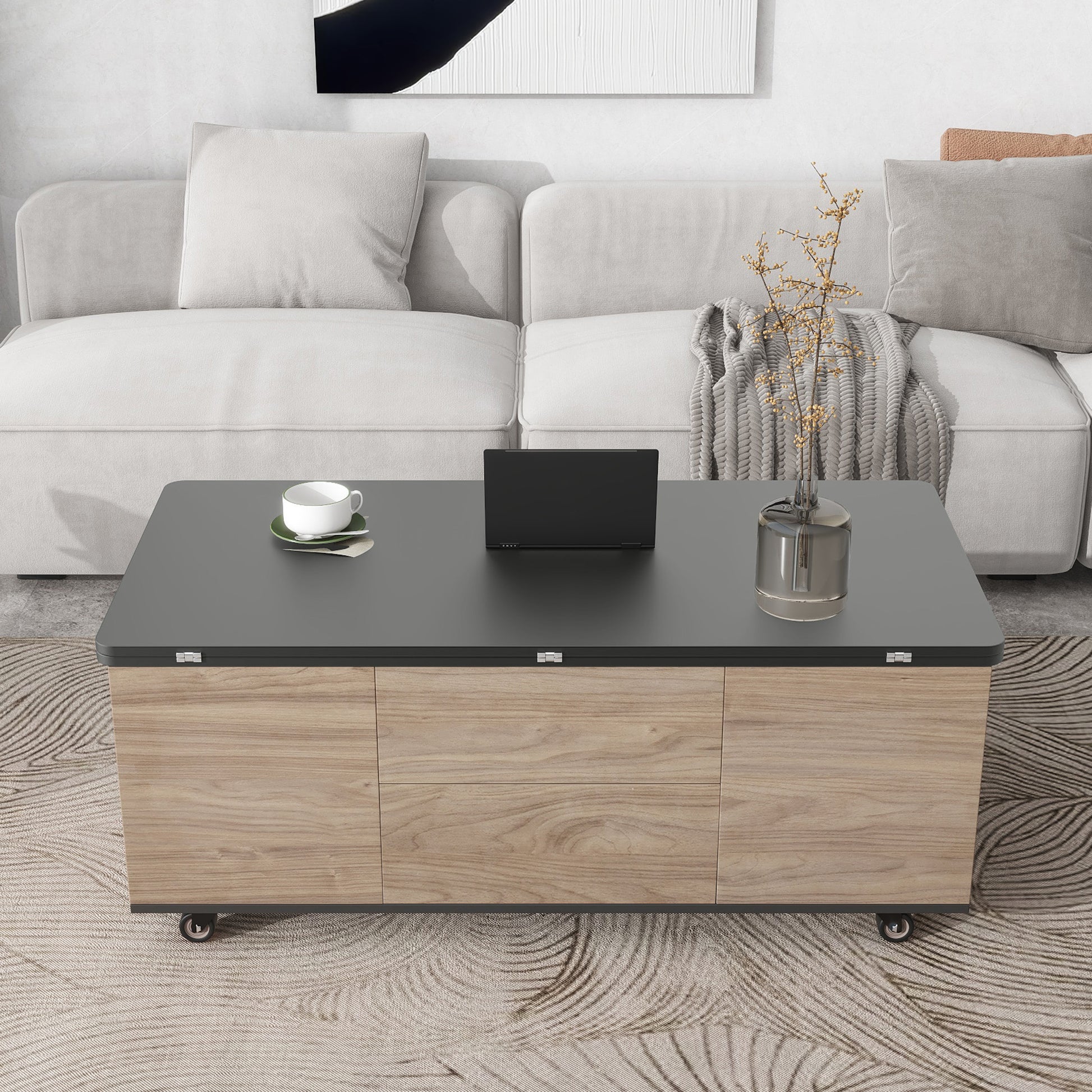 Modern Lift Top Coffee Table Multi Functional Table With 3 Drawers In Walnut & Black Walnut Black Mdf