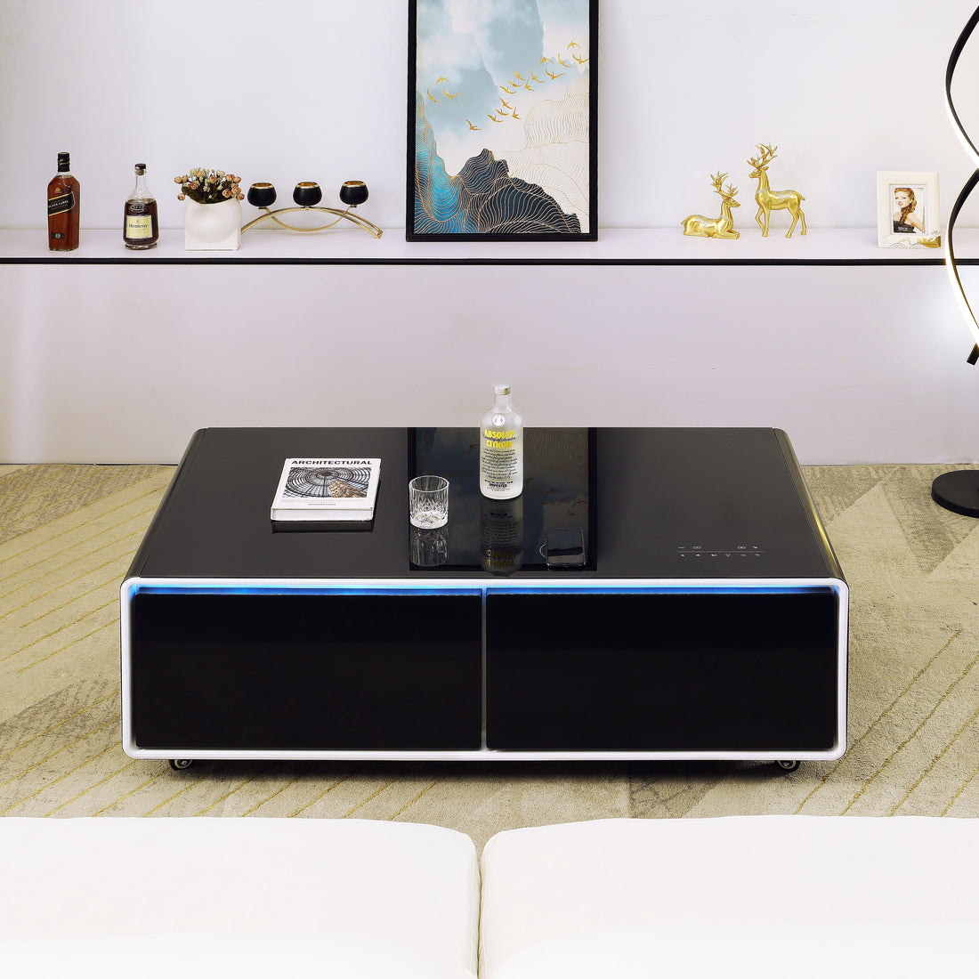 Smart Table Fridge, Multifunctional Coffee Table, Tempered Glass Table Top And Back Storage Black Tempered Glass