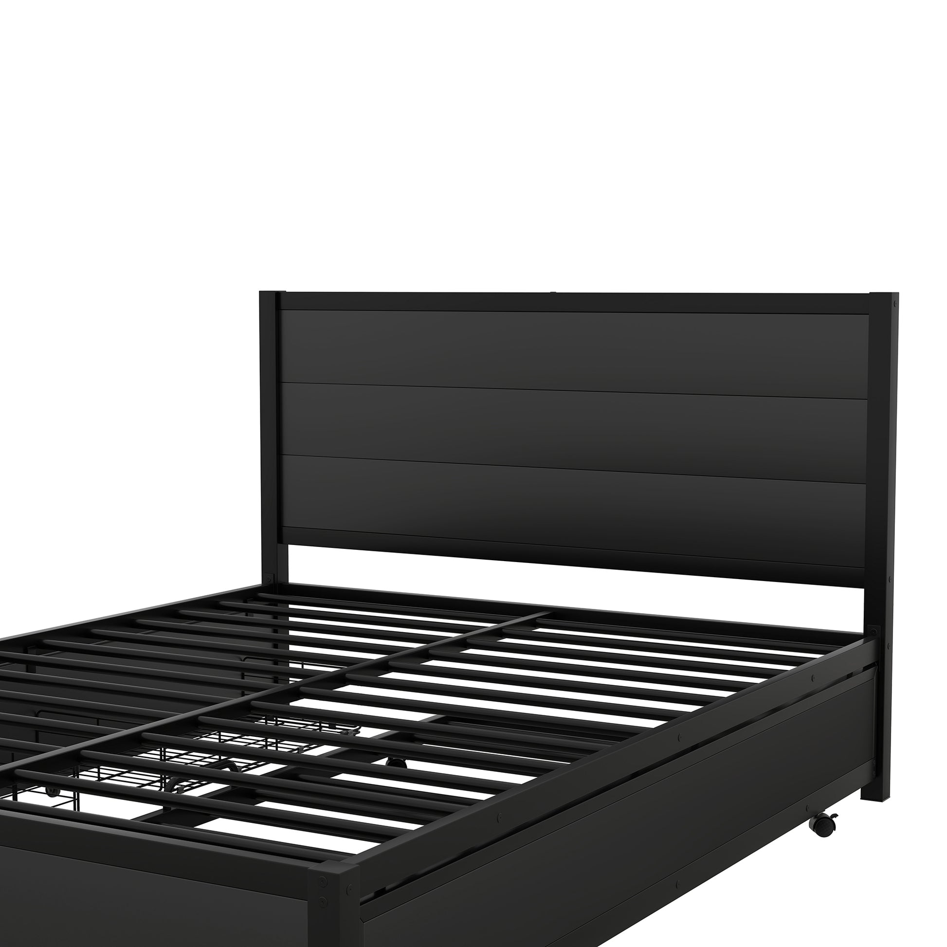 Metal Queen Size Storage Platform Bed With Twin Size Trundle And 2 Drawers, Black Queen Black Metal Bedroom Bed Frame Mdf Steel