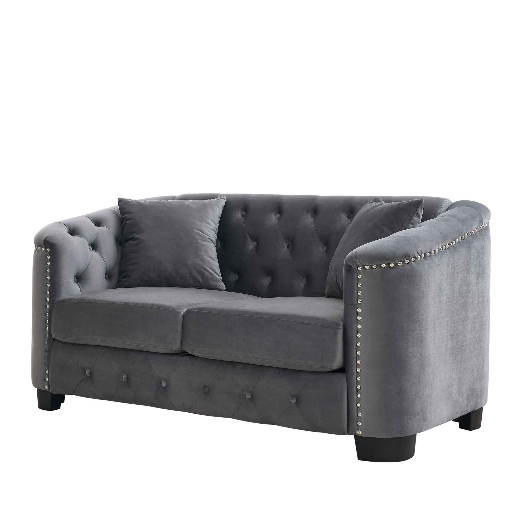 59 Inch Modern Chesterfield Velvet Sofa, 2 Seater Sofa, Upholstered Tufted Backrests With Arms And 2 Cushions For Living Room, Bedroom, Apartment, Office Grey Grey Primary Living Space Foam Velvet 2 Seat
