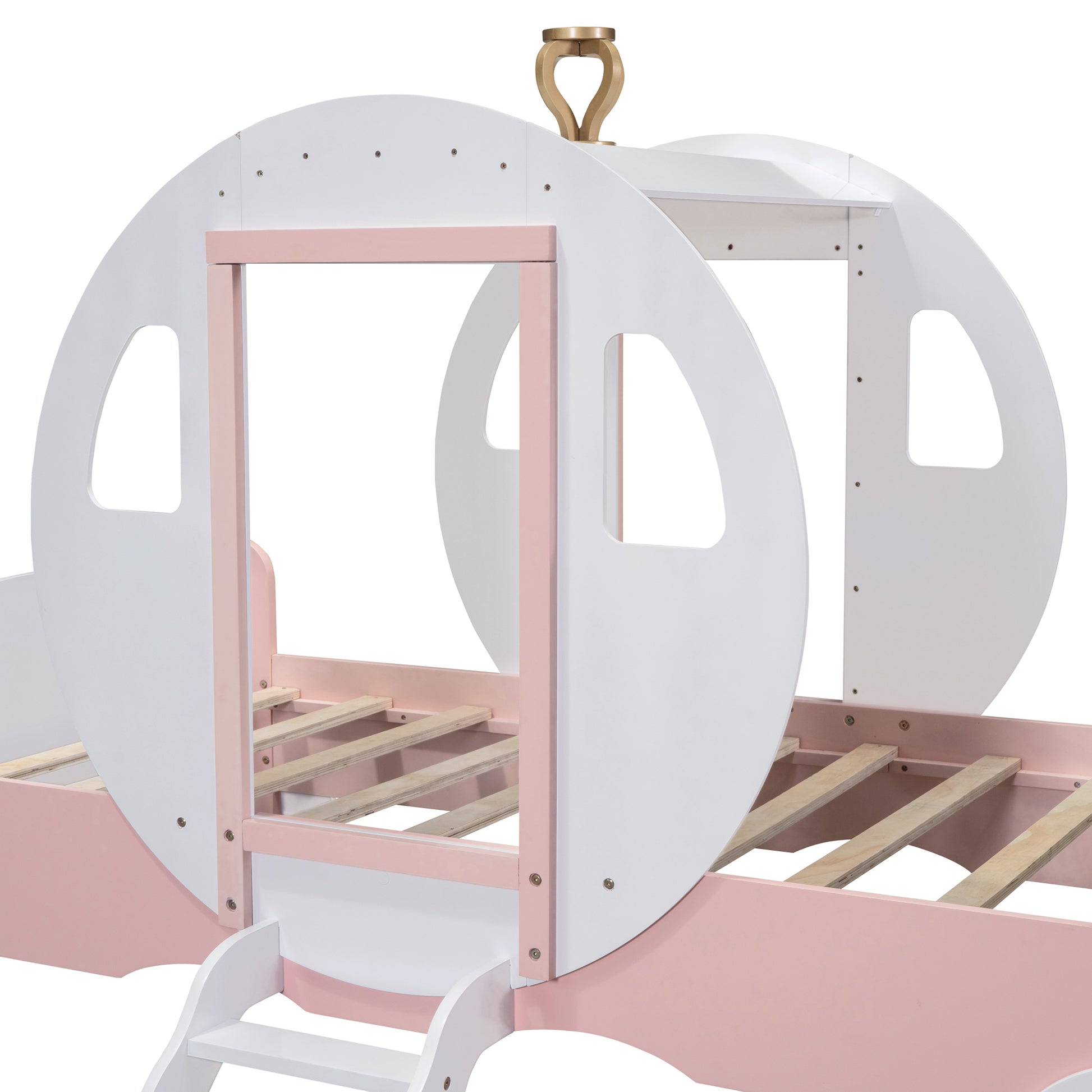 Twin Size Princess Carriage Bed With Crown ,Wood Platform Car Bed With Stair,White Pink White Pink Wood