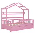 Wooden Twin Size House Bed With Trundle,Kids Bed With Shelf, Pink Pink Wood