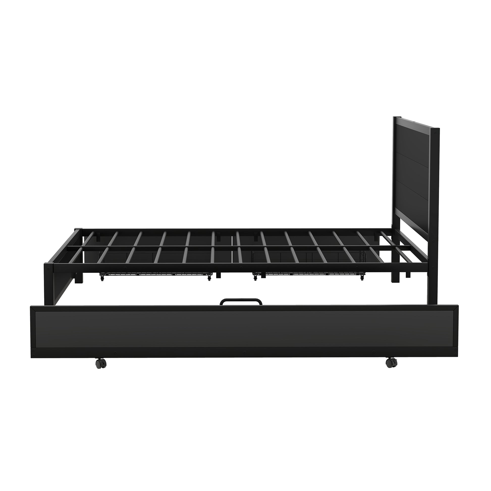 Metal Queen Size Storage Platform Bed With Twin Size Trundle And 2 Drawers, Black Queen Black Metal Bedroom Bed Frame Mdf Steel