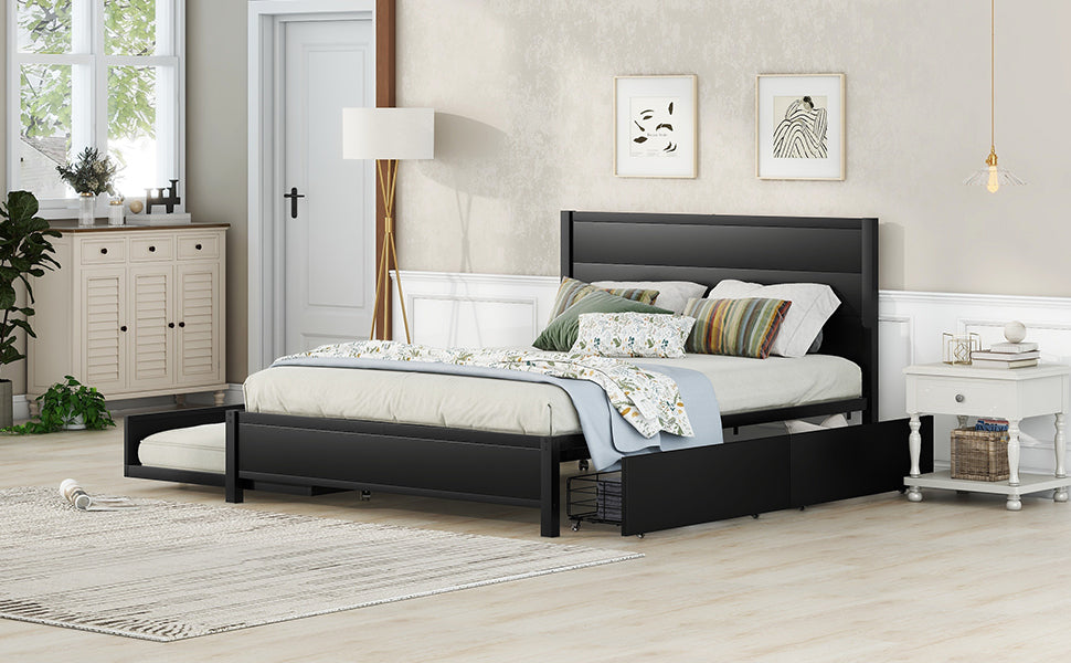 Metal Queen Size Storage Platform Bed With Twin Size Trundle And 2 Drawers, Black Queen Black Metal Bedroom Bed Frame Mdf Steel