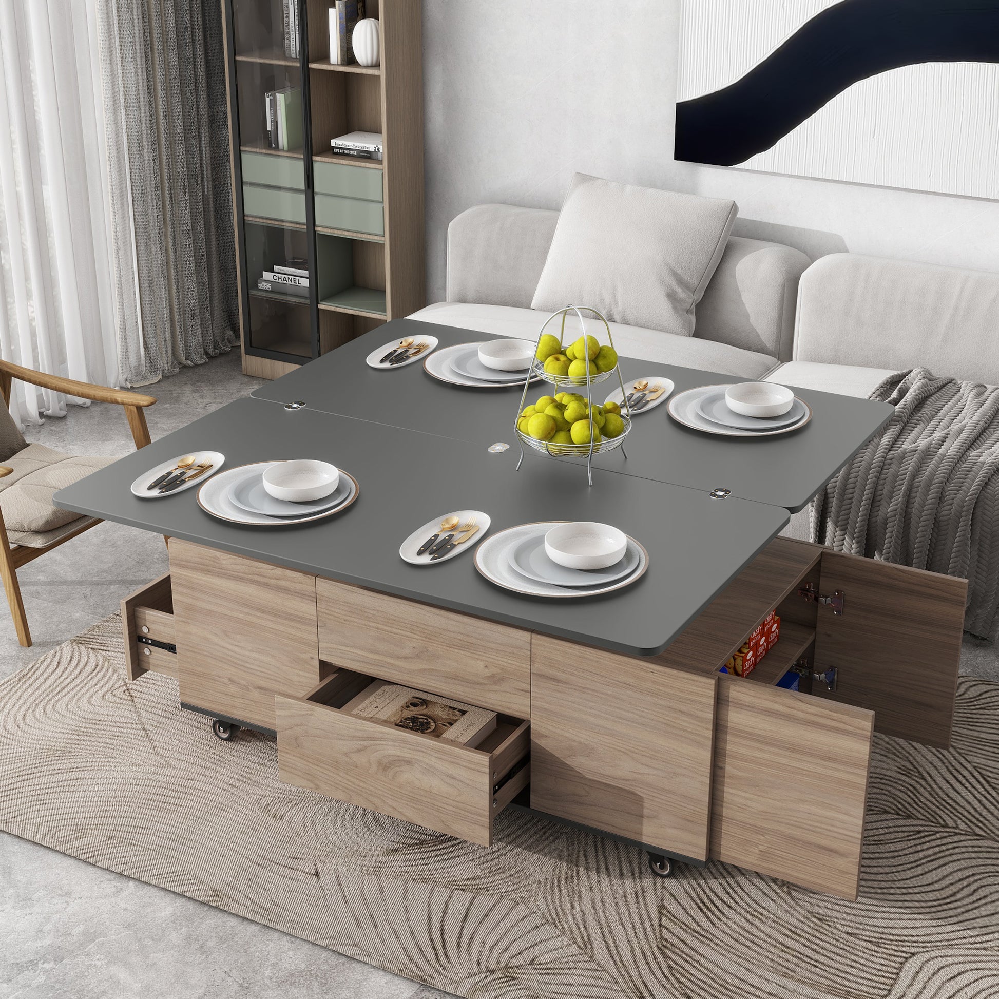 Modern Lift Top Coffee Table Multi Functional Table With 3 Drawers In Walnut & Black Walnut Black Mdf