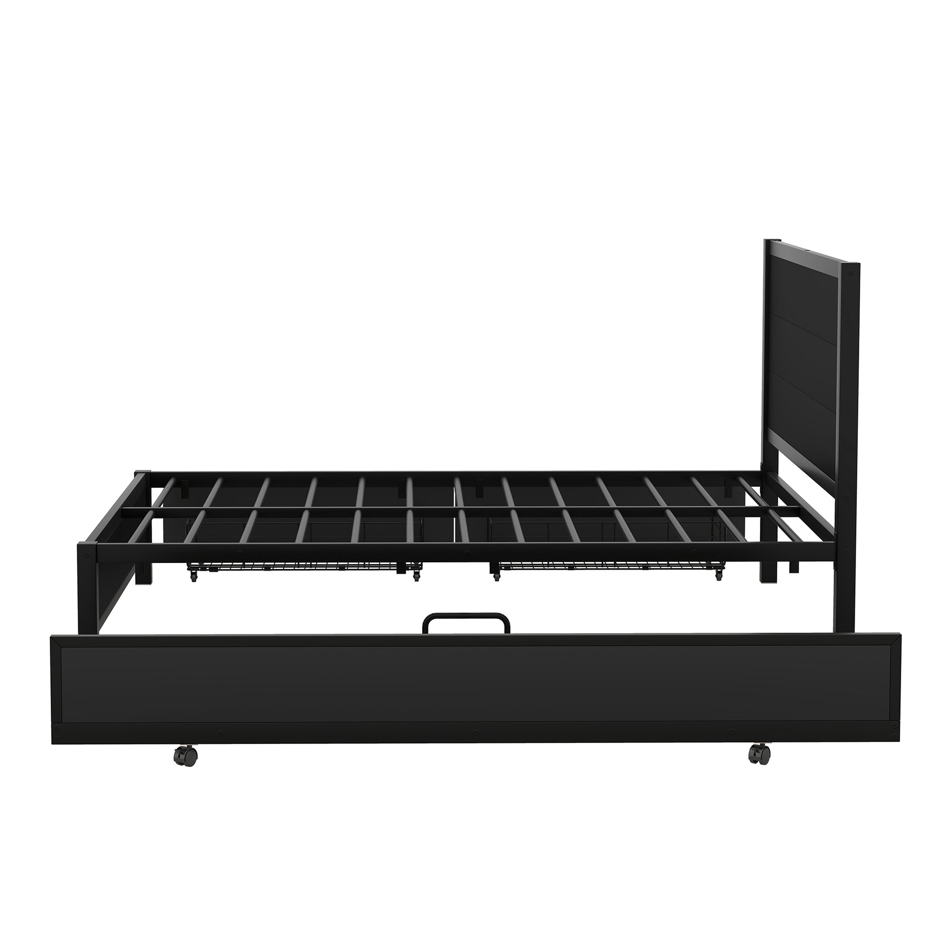 Metal Full Size Storage Platform Bed With Twin Size Trundle And 2 Drawers, Black Full Black Metal Bedroom Bed Frame Mdf Steel