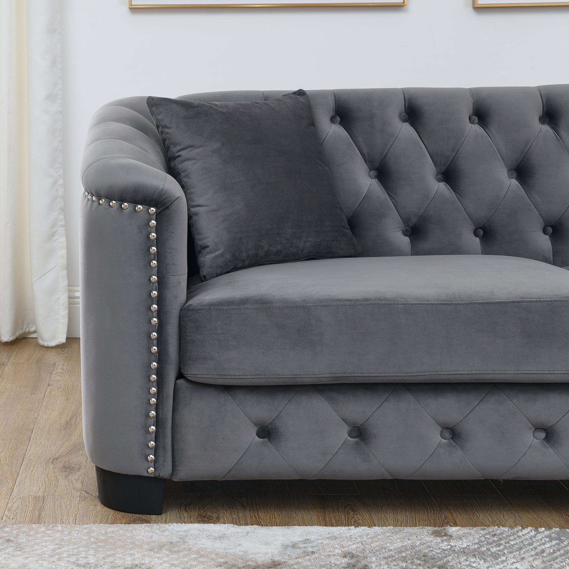 59 Inch Modern Chesterfield Velvet Sofa, 2 Seater Sofa, Upholstered Tufted Backrests With Arms And 2 Cushions For Living Room, Bedroom, Apartment, Office Grey Grey Primary Living Space Foam Velvet 2 Seat