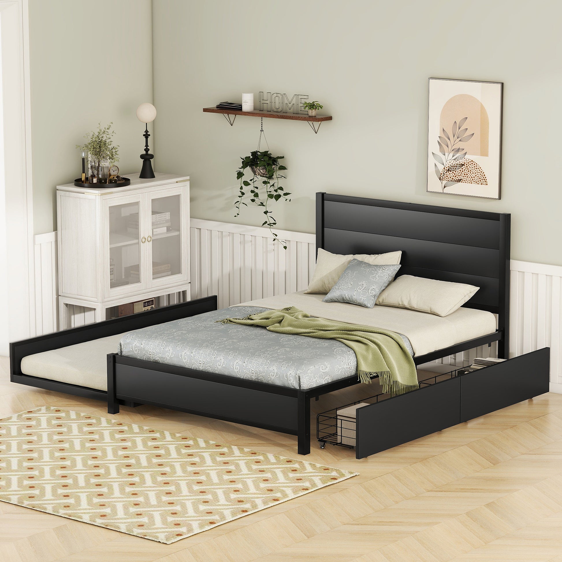 Metal Full Size Storage Platform Bed With Twin Size Trundle And 2 Drawers, Black Full Black Metal Bedroom Bed Frame Mdf Steel