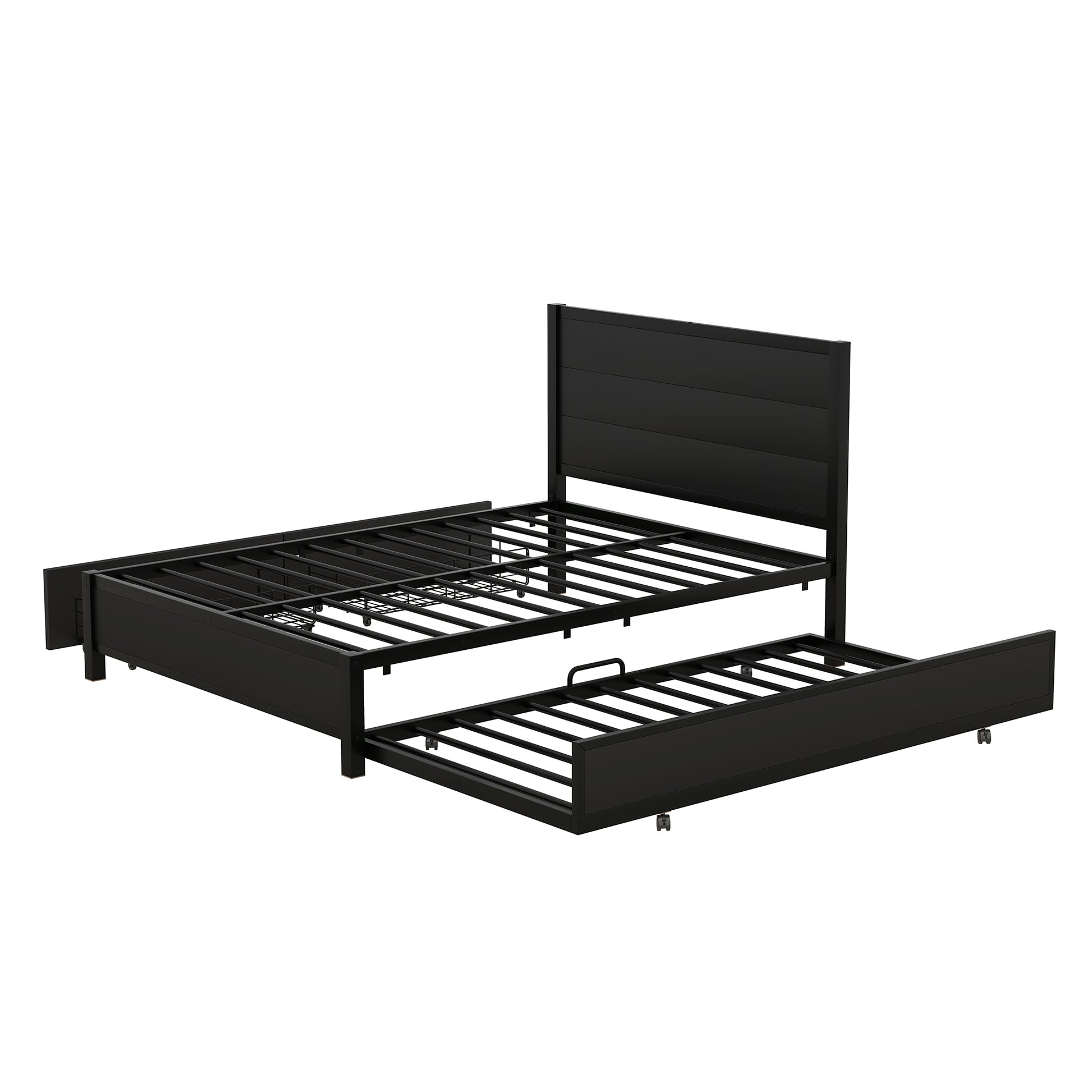 Metal Full Size Storage Platform Bed With Twin Size Trundle And 2 Drawers, Black Full Black Metal Bedroom Bed Frame Mdf Steel