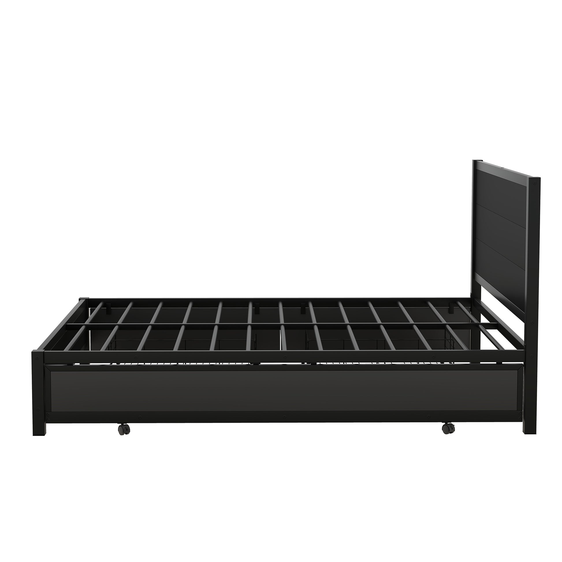 Metal Queen Size Storage Platform Bed With Twin Size Trundle And 2 Drawers, Black Queen Black Metal Bedroom Bed Frame Mdf Steel