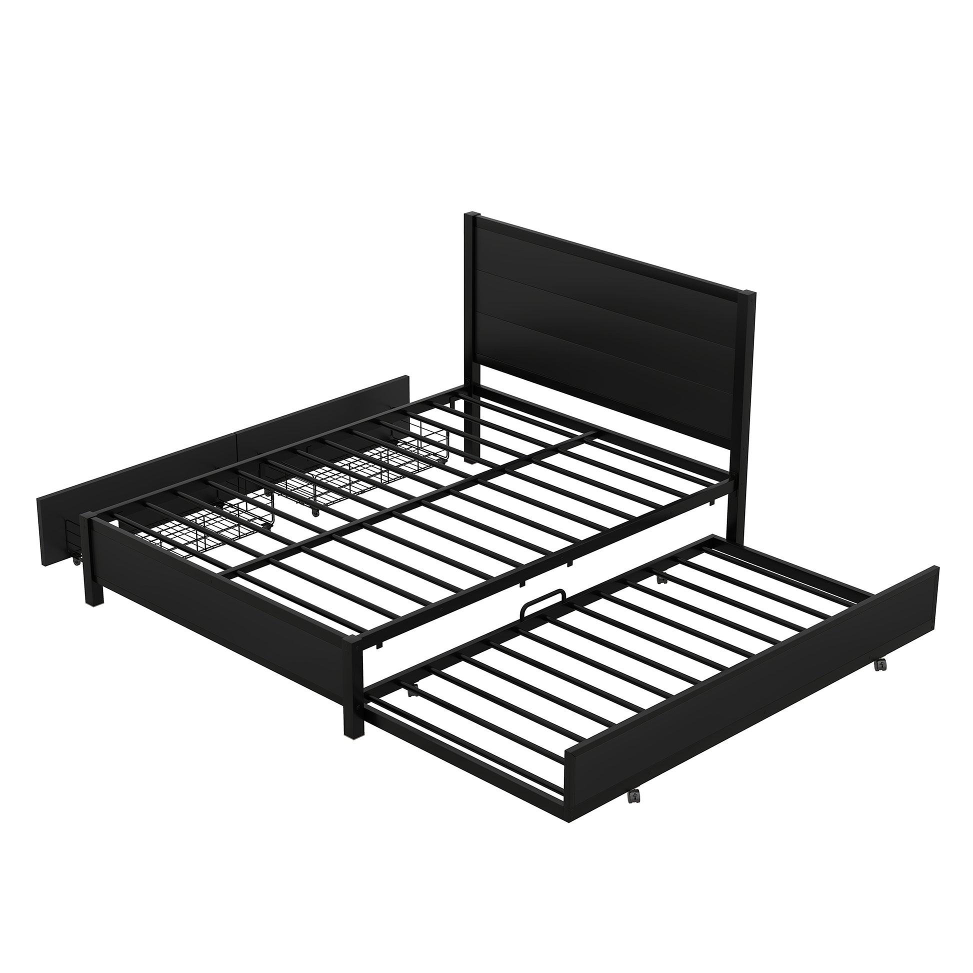 Metal Full Size Storage Platform Bed With Twin Size Trundle And 2 Drawers, Black Full Black Metal Bedroom Bed Frame Mdf Steel