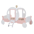 Twin Size Princess Carriage Bed With Crown ,Wood Platform Car Bed With Stair,White Pink White Pink Wood
