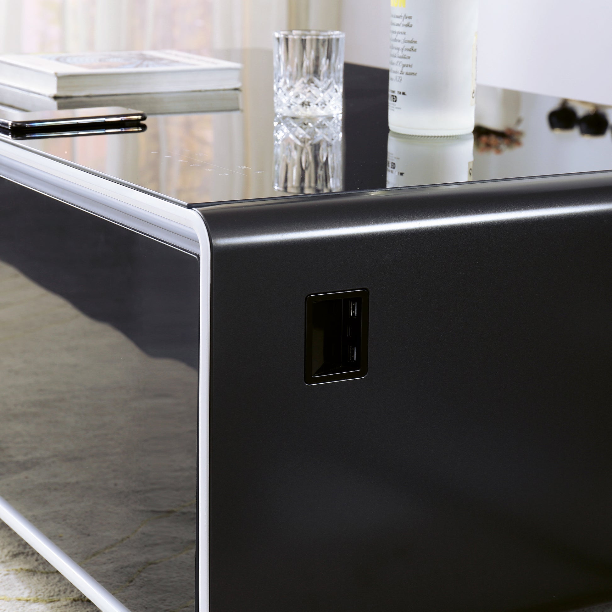 Smart Table Fridge, Multifunctional Coffee Table, Tempered Glass Table Top And Back Storage Black Tempered Glass