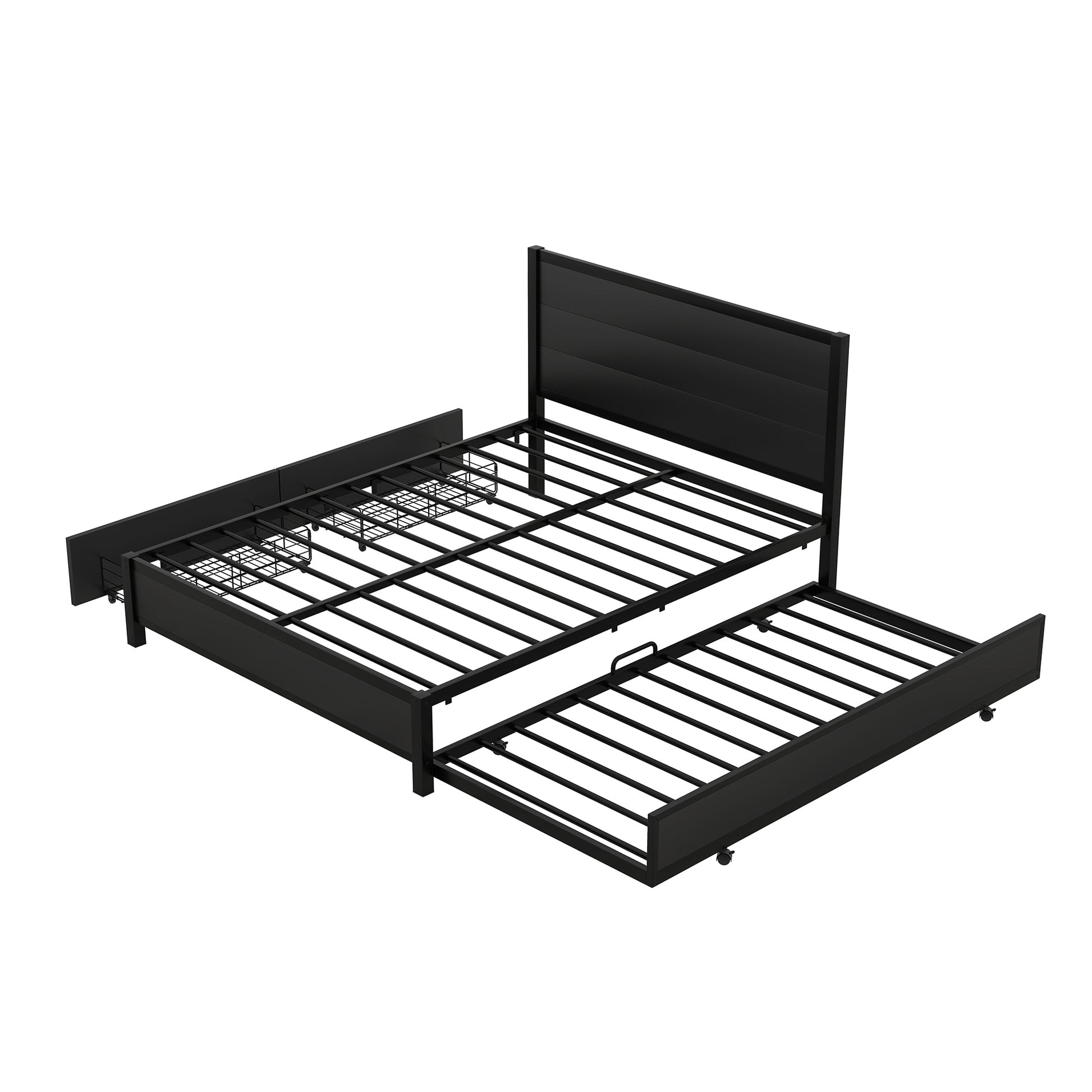 Metal Queen Size Storage Platform Bed With Twin Size Trundle And 2 Drawers, Black Queen Black Metal Bedroom Bed Frame Mdf Steel