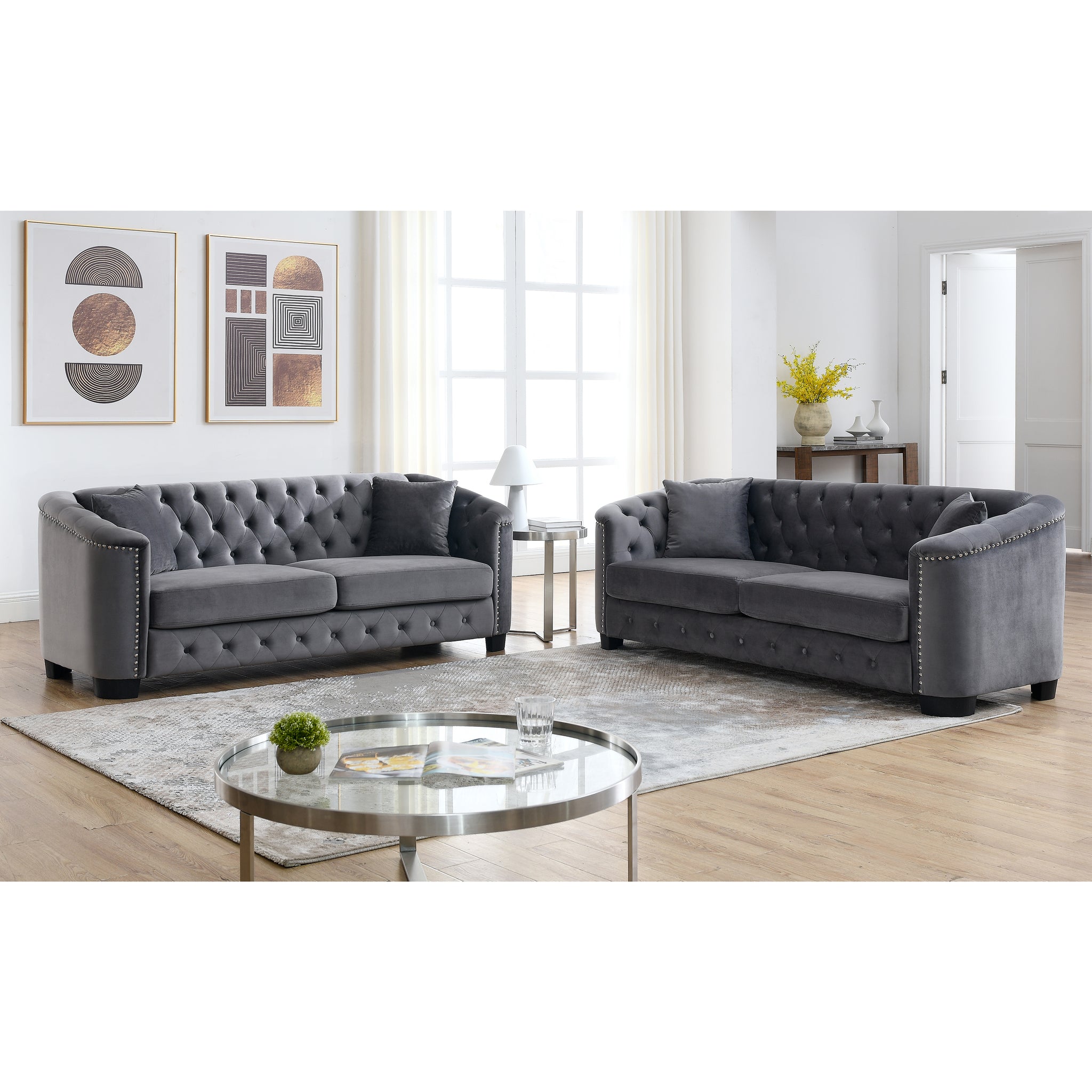 3 Seater 3 Seater Combination Sofa.Velvet Grey Grey Foam Velvet 6 Seat