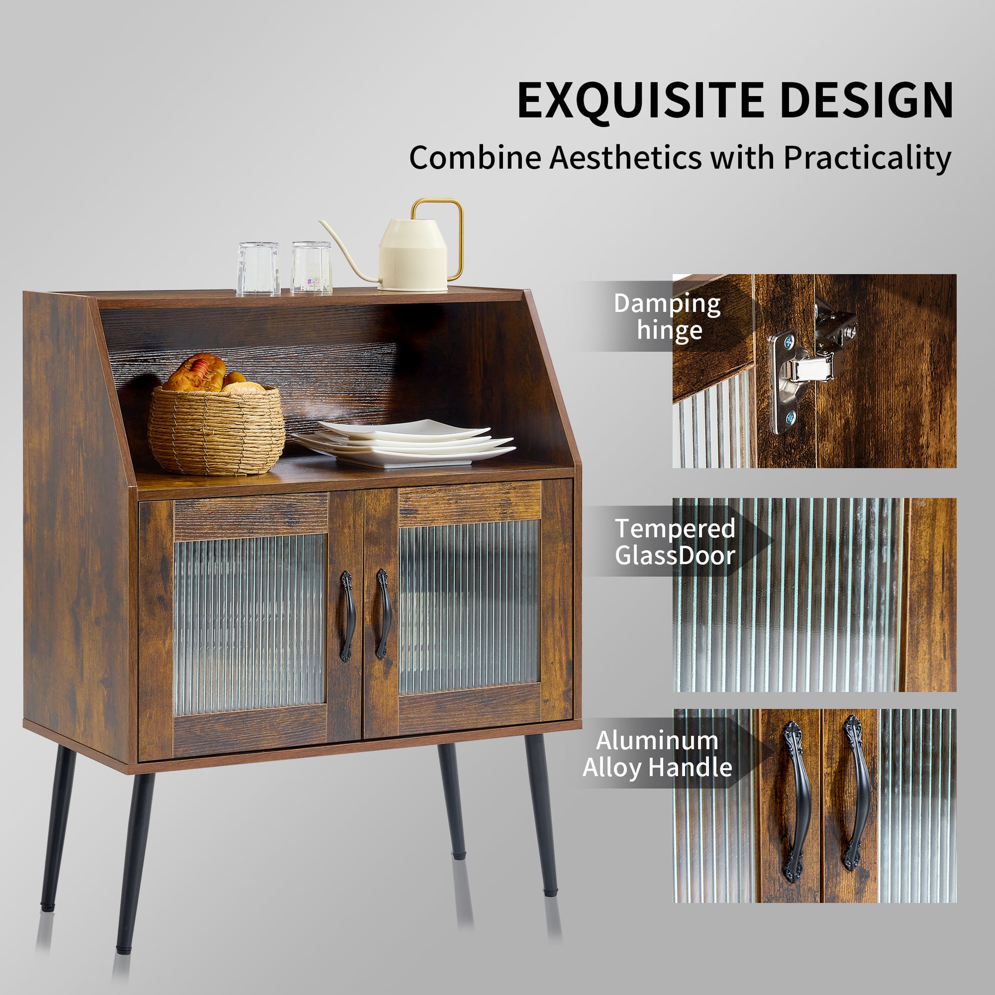 Sideboard, Bufft Cabinet, Side Dining Table, Glass Door, 1Pc Per Ctn, Brown, Industry Brown Mdf Glass