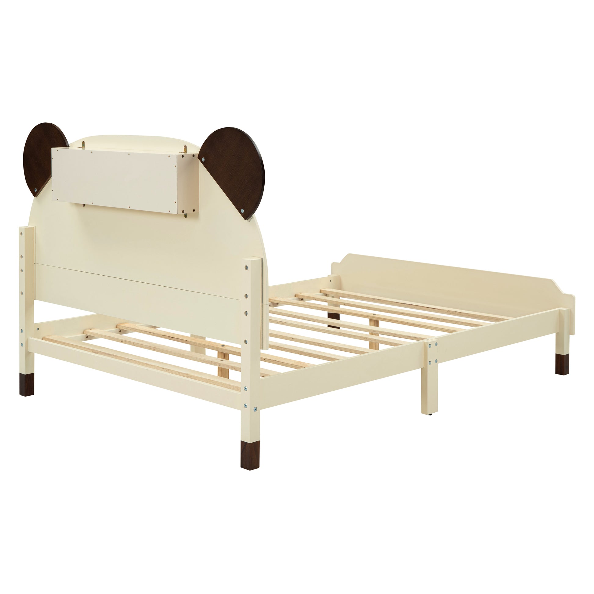 Full Size Wood Platform Bed With Bear Shaped Headboard,Bed With Motion Activated Night Lights,Cream Walnut Cream Wood