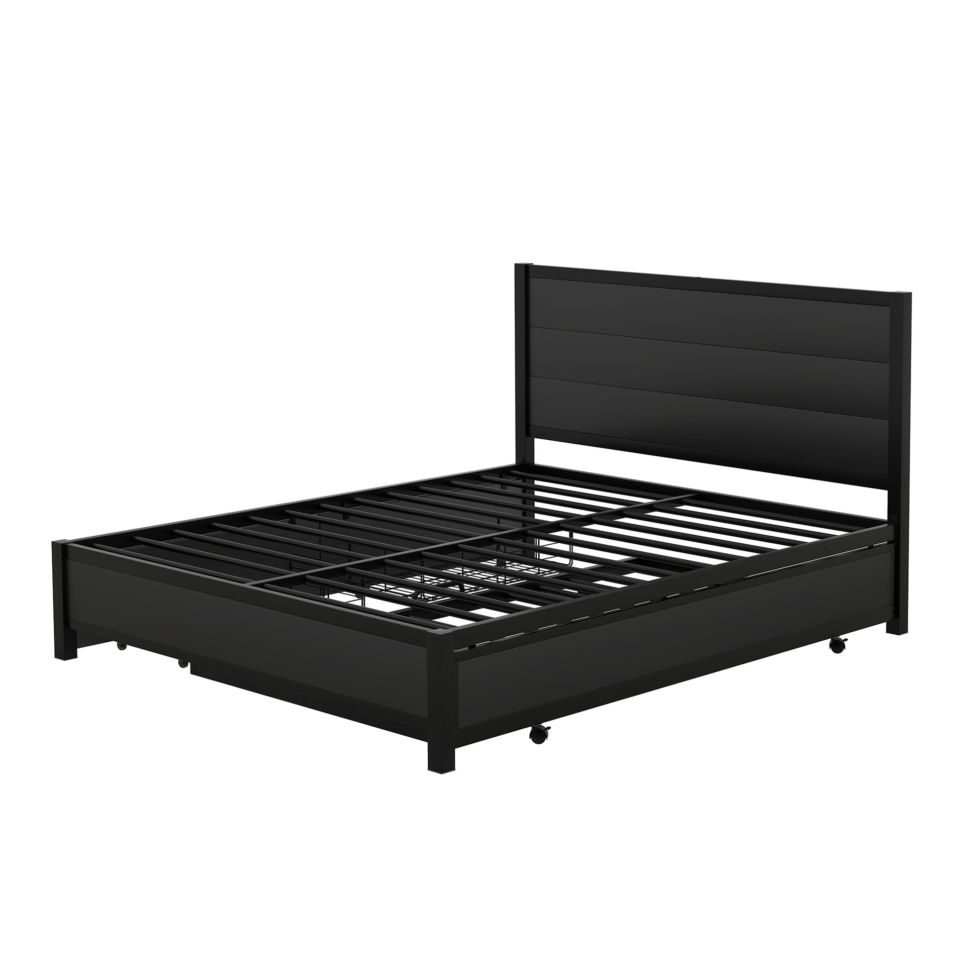 Metal Queen Size Storage Platform Bed With Twin Size Trundle And 2 Drawers, Black Queen Black Metal Bedroom Bed Frame Mdf Steel