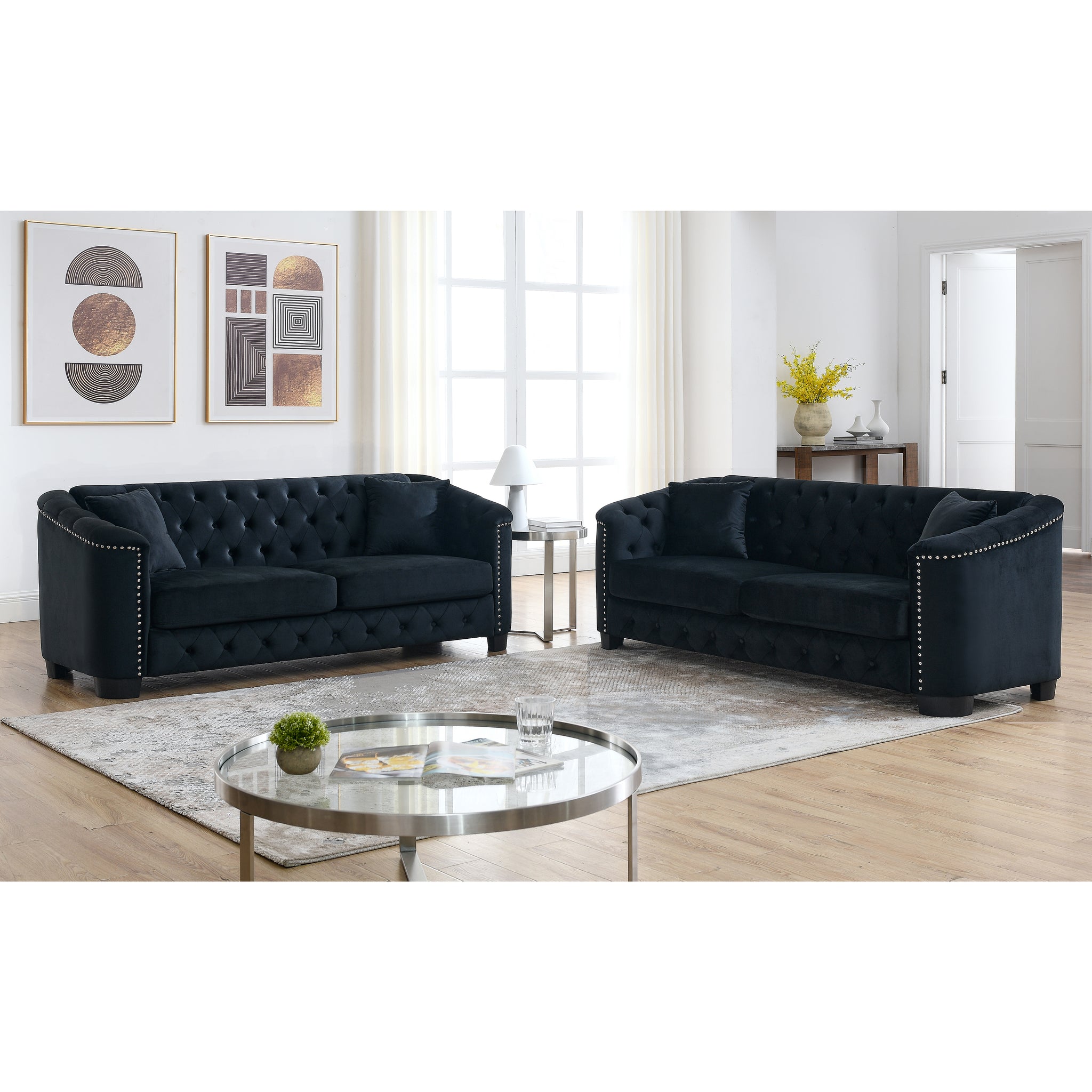 3 Seater 3 Seater Combination Sofa.Velvet Black Black Foam Velvet 6 Seat