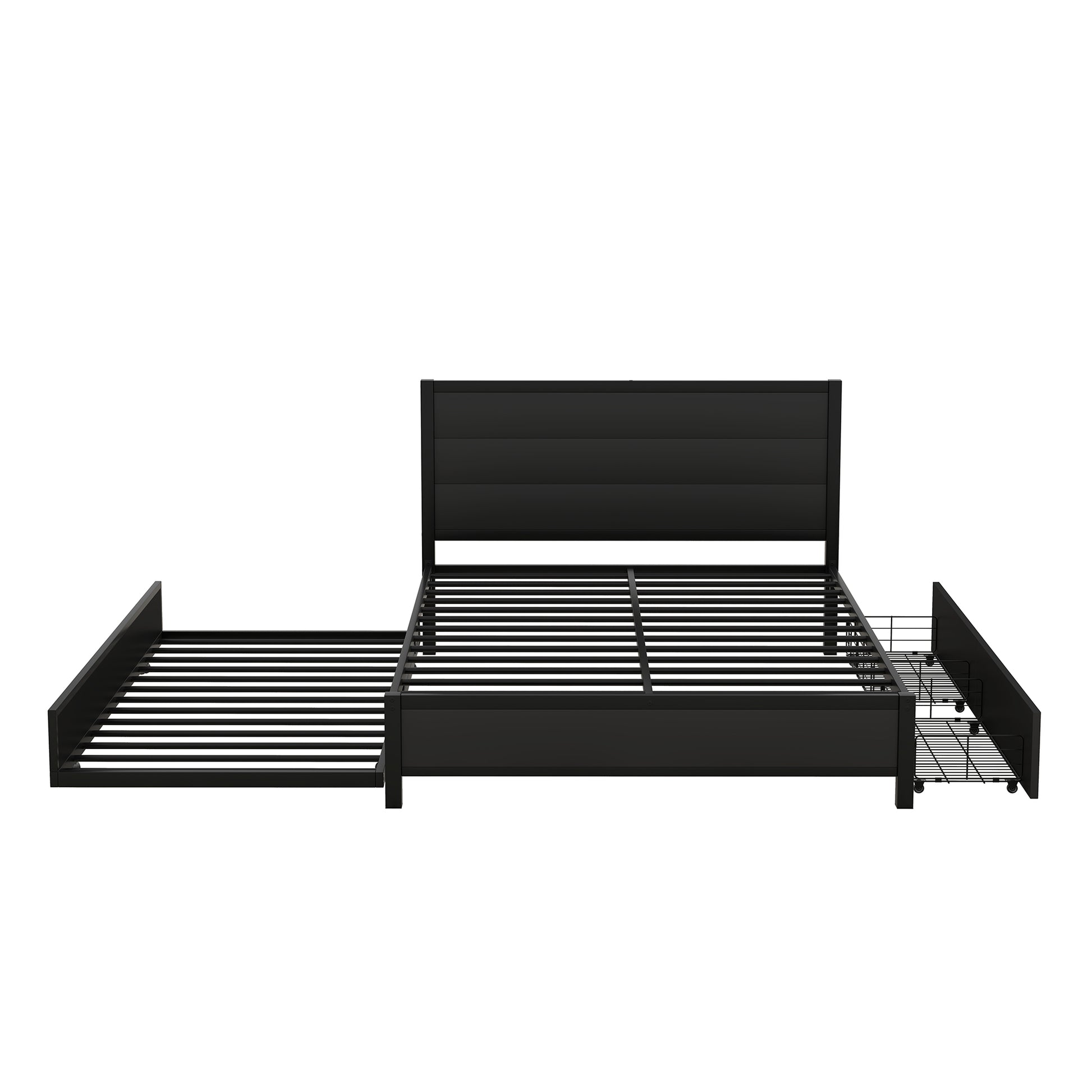 Metal Queen Size Storage Platform Bed With Twin Size Trundle And 2 Drawers, Black Queen Black Metal Bedroom Bed Frame Mdf Steel