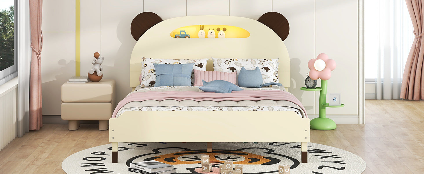 Full Size Wood Platform Bed With Bear Shaped Headboard,Bed With Motion Activated Night Lights,Cream Walnut Cream Wood