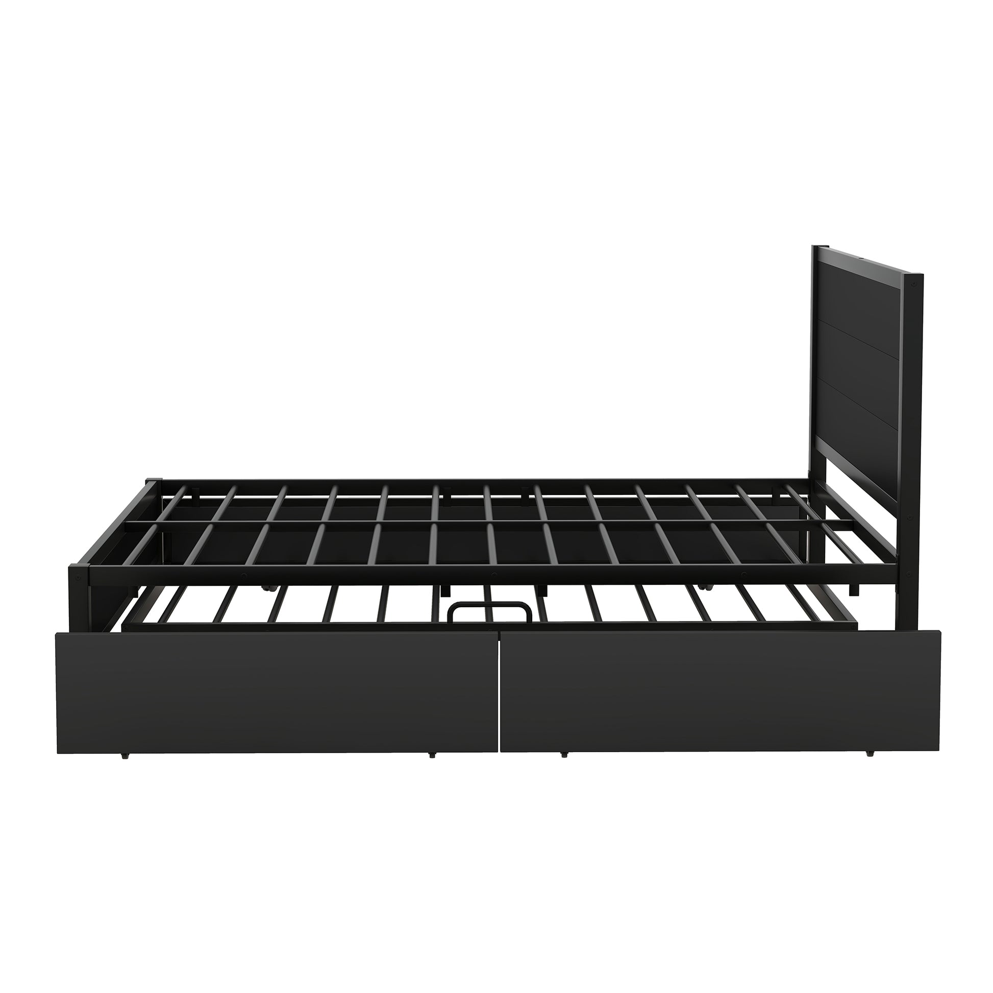 Metal Queen Size Storage Platform Bed With Twin Size Trundle And 2 Drawers, Black Queen Black Metal Bedroom Bed Frame Mdf Steel